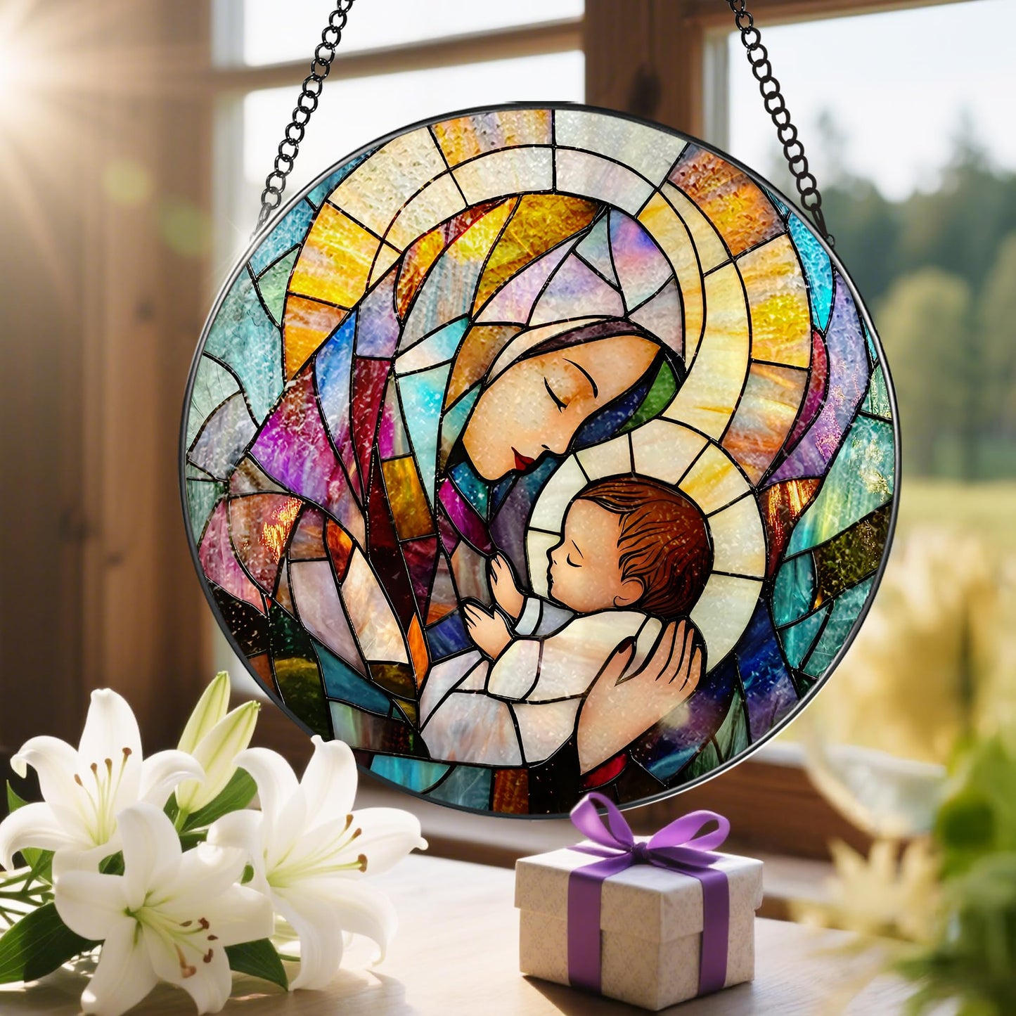 Baby Jesus and The Holy Mother Mary Sun Catcher, 8 Inch Stained Glass Window Hanging, Stained Glass Decor, Christian Home Decor, Christian Gifts for Women, Religious Gifts for Women