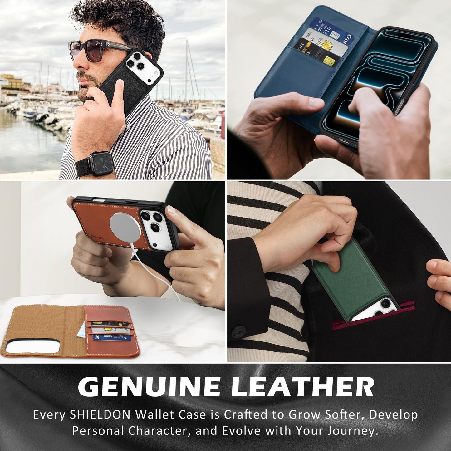 SHIELDON Detachable Leather Wallet Case for iPhone 17 Pro Max 6.9" 2025 | Wireless Charging, Removable Flip Magnetic Cover, RFID Blocking Credit Card Holder, Kickstand, Full Protection - Retro Coffee