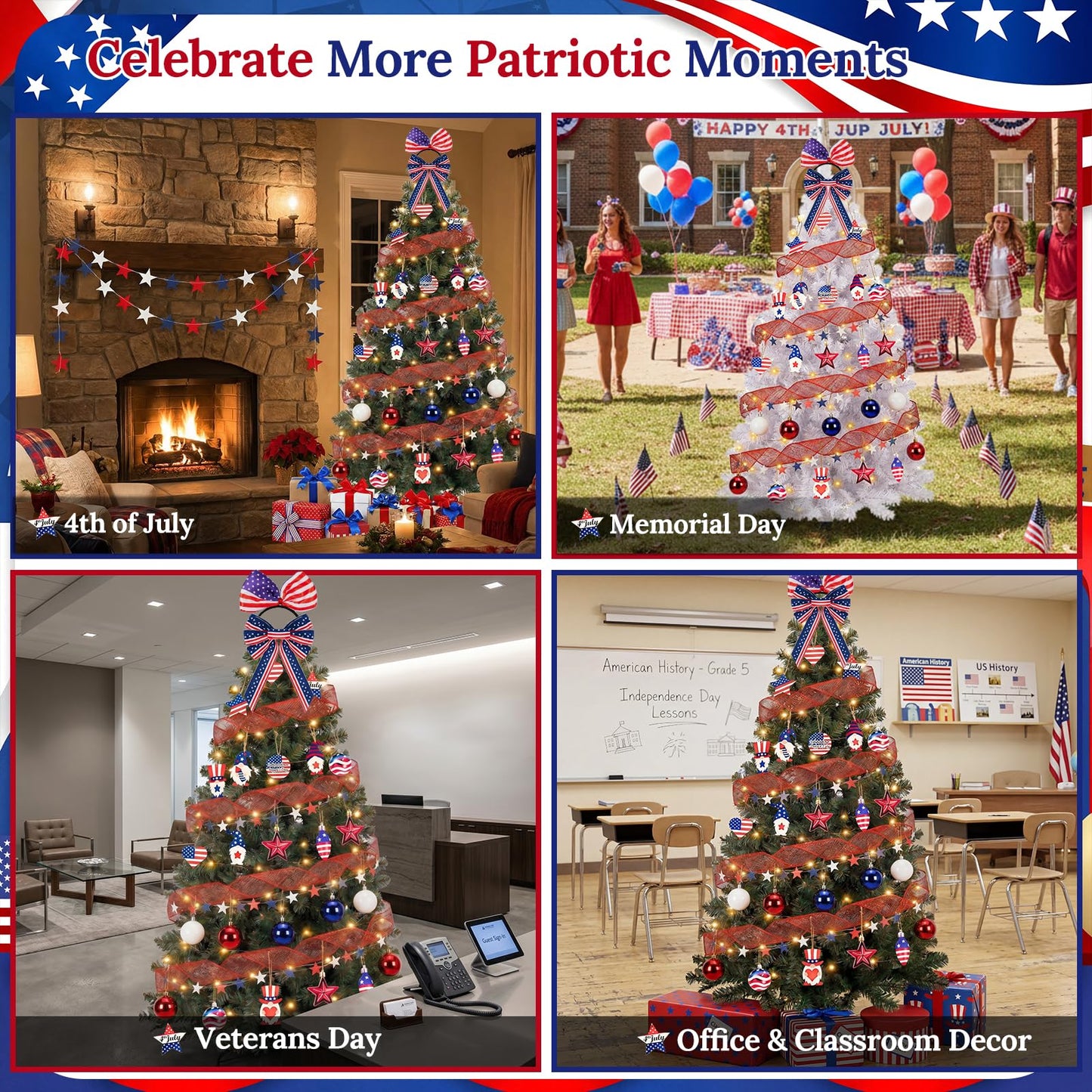 4th of July Christmas Tree Decorations Set with LED Light - Patriotic Red White and Blue Hanging Ornaments, Star Garland & Wreath Bow Tree Topper for Independence National Memorial Day Party