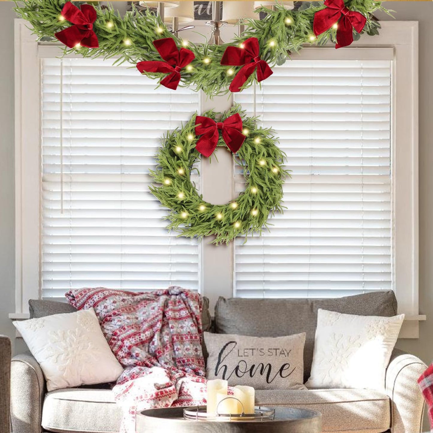 HipTree 9ft Christmas Garland with Lights,Lighted Norfolk Pine Garland for Mantle,Prelit Real Touch Artificial Greenery Christmas Winter Garland with Large Burgundy Velvet Bow for Indoor Outdoor Decor