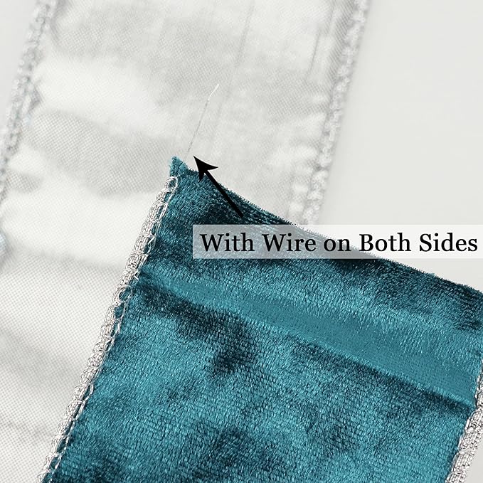MEEDEE Crushed Teal Velvet Ribbon with Silver Back Double Sided 2.5 inch 10 Yards Blue and Gray Wired Ribbon for Christmas Tree, Wreath Supplies, Crafts Bow, Garlands, Seasonal Decorations