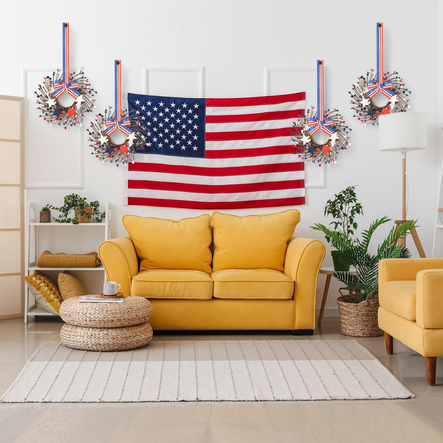 4 PCS Small Patriotic Wreath Mini 4th of July Wreaths for Kitchen Cabinets Farmhouse Artificial Red White Blue Stars Memorial Day Windows Wreaths for Independence Day Porch Wall Decor