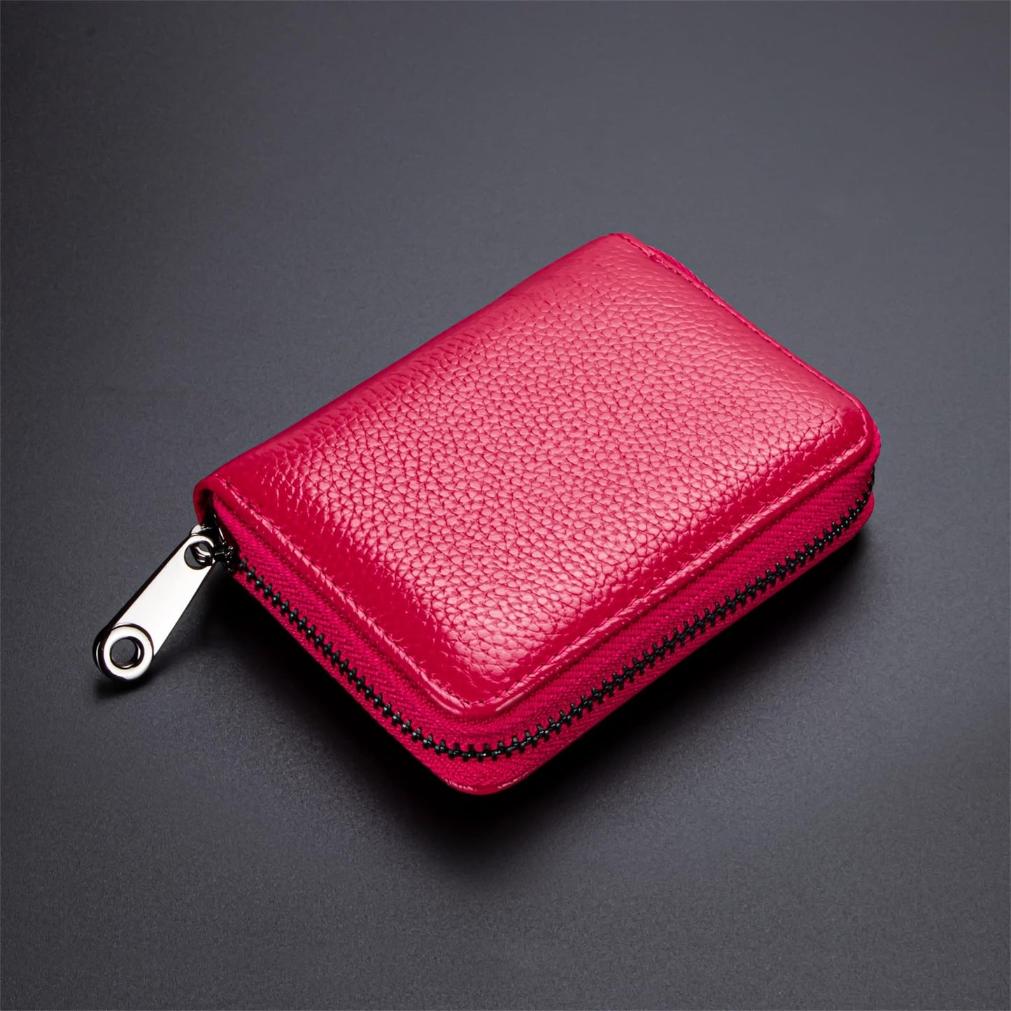 Suweibuke Genuine Leather Credit Card Holder Zipper Wallet RFID Blocking Secure Card Case ID Case Organizer (Rose Red)