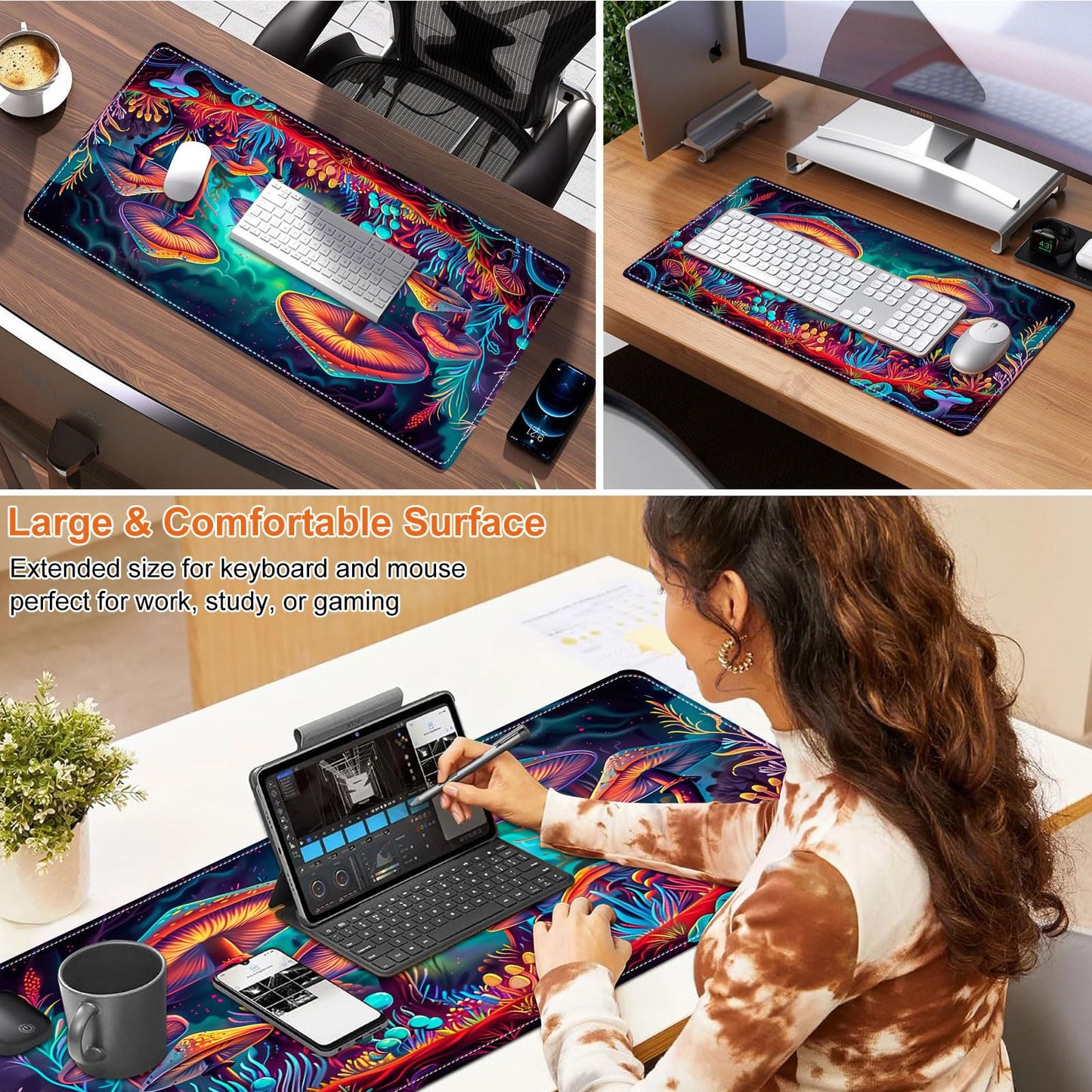 Heated Mouse Pad for Desk 31.5" x 13" – PU Leather Warm Desk Pad with 3 Heat Levels (104°F/113°F/122°F), Plug-in Electric Heating Mat with Auto Shut-Off, Waterproof & Rollable, Mushrooms