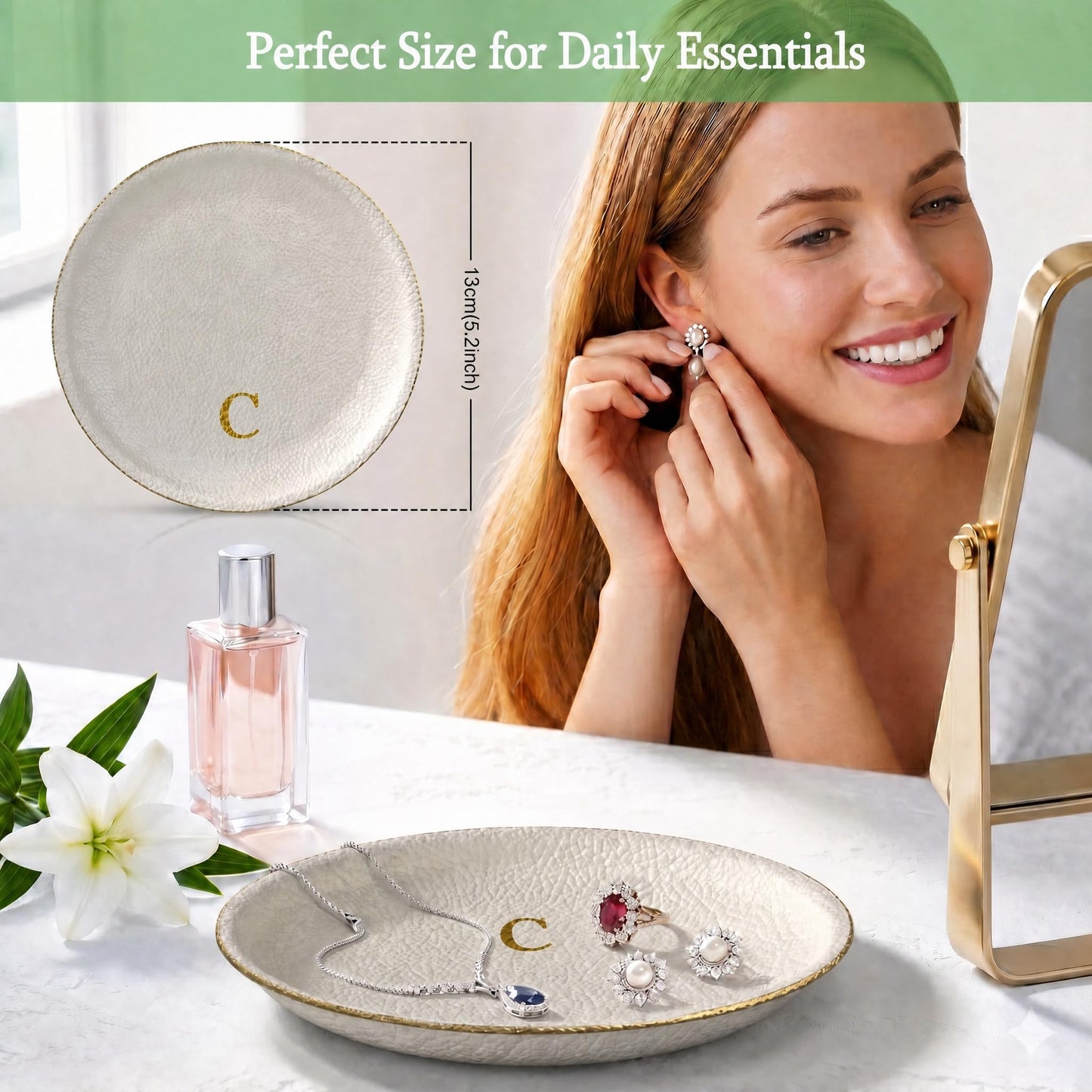 AUTYANL Initial Jewelry Dish for Women, Shatterproof Vegan Leather Ring Holder with Stainless Steel Core, Personalized Monogram Trinket Tray, Birthday Bridesmaid Gift with Box (Cream Letter C)