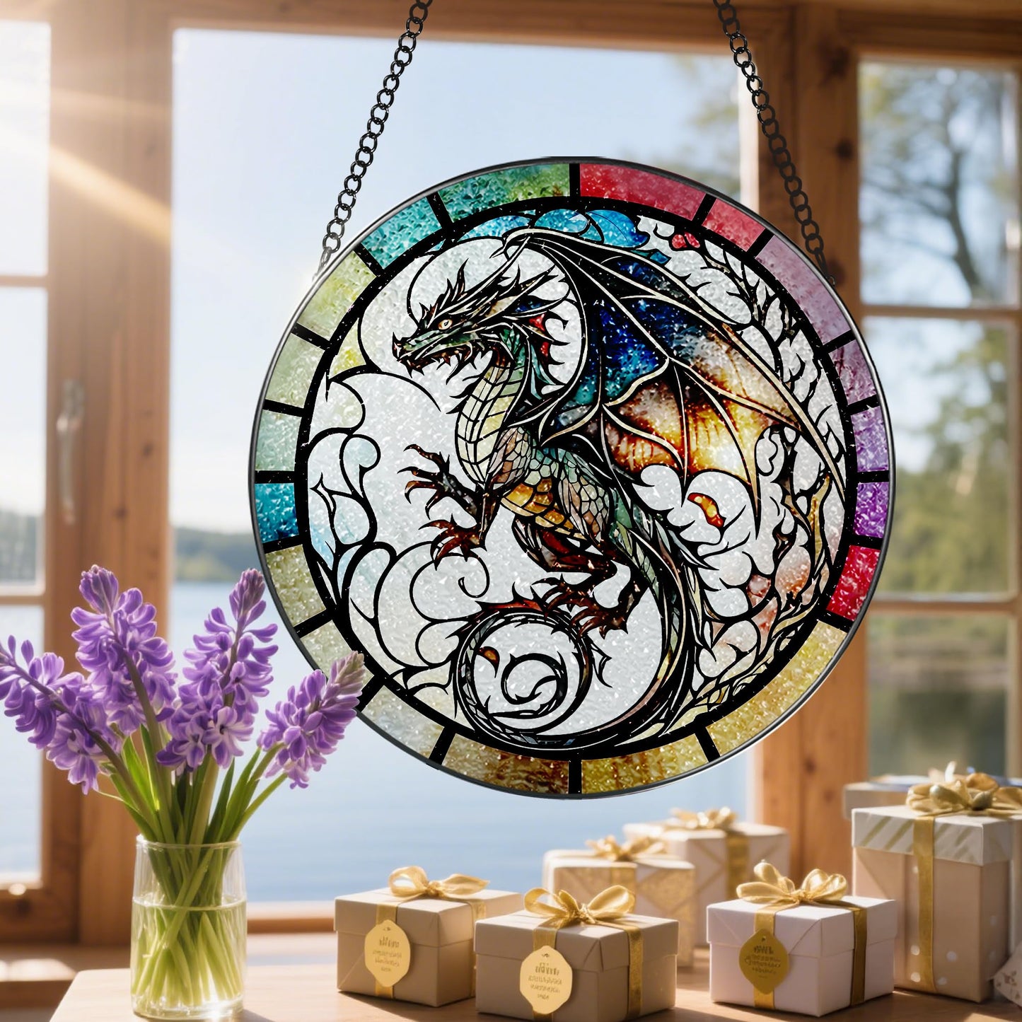 8 Inch Stained Glass Suncatcher Ornament, DOUHASU Dragon Sun Catchers Indoor Window, Stained Glass Window Hanging, Home Decor, Dragon Lovers Gifts for Men, Dad, Husband, Boyfriend