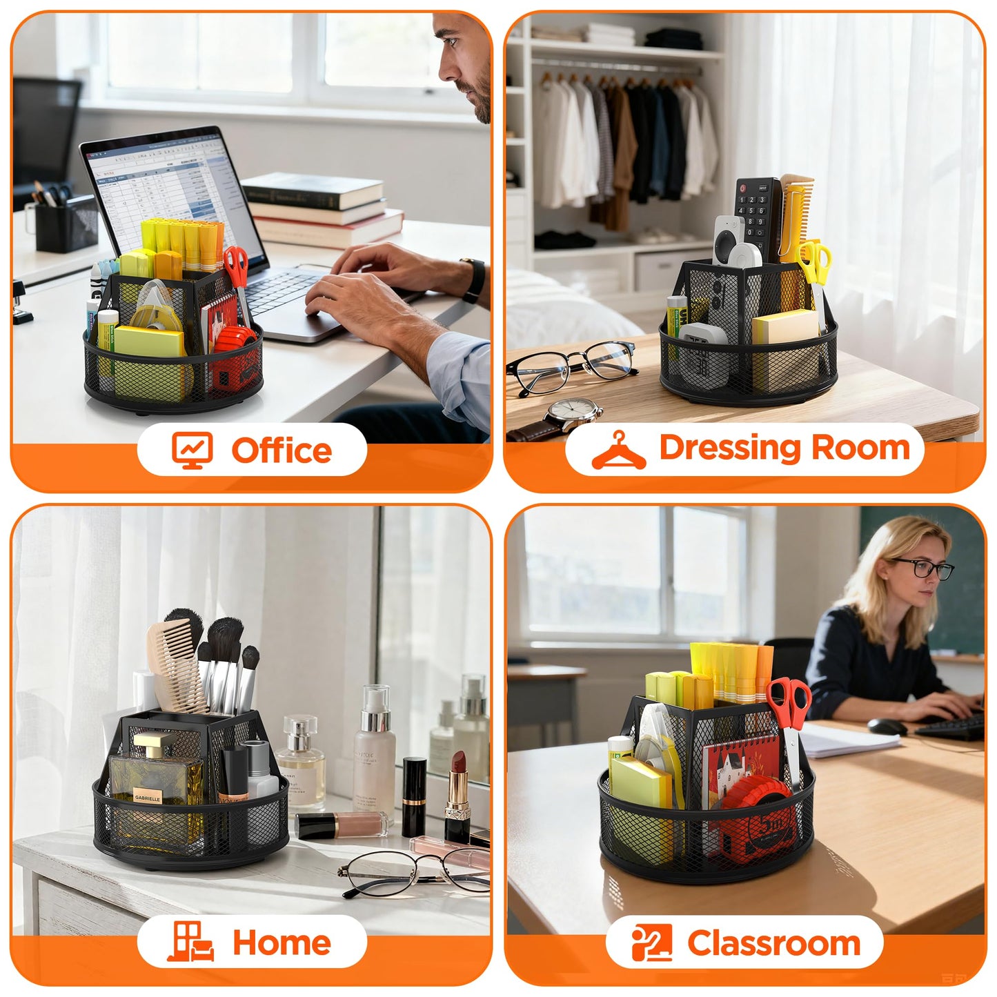Docnest Mesh 360 Degree Rotating Pen Holder with 6 Compartment,Metal Pencil Cup Art Supply Storage Box Caddy,Teacher Stationery and Dorm Supplies Desk Organizer for Pencil,Sticky Note,Scissors-Black