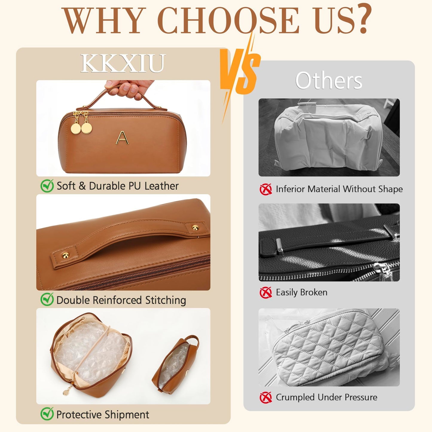 KKXIU Initial Makeup Bag for Women - Personalized Makeup Bag Gifts for Women, Travel Toiletry Bag with PU Leather, Open Flat Design with Top Handle, Cosmetic Bag Set with Multi-Pocket (Brown,A)