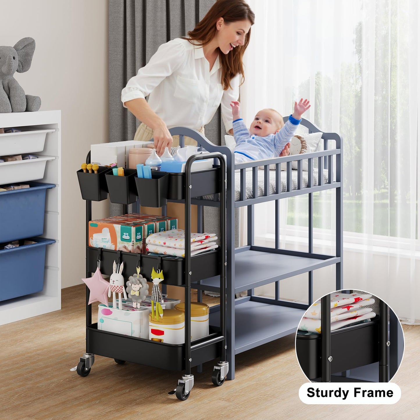 3 Tier Rolling Cart Metal with Wheels, Black Three Tiered Art Cart Organizer on Wheels, Storage Utility Trolley Carts for Kithcen, Craft, Nail, Lash, Makeup, Salon,Bedside, Bathroom, Office, Snack