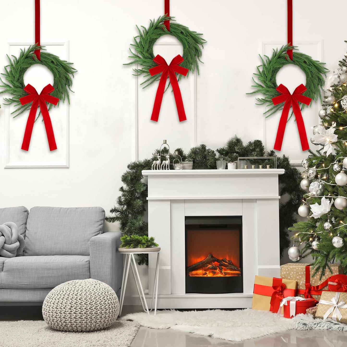 Janinka 6 Pcs Christmas Wreath for Windows 11.8 Inch Christmas Window Decorations Cabinet Wreaths with Red Bow Greenery Artificial Hanging Garlands for Fireplaces Window Home (Norfolk)