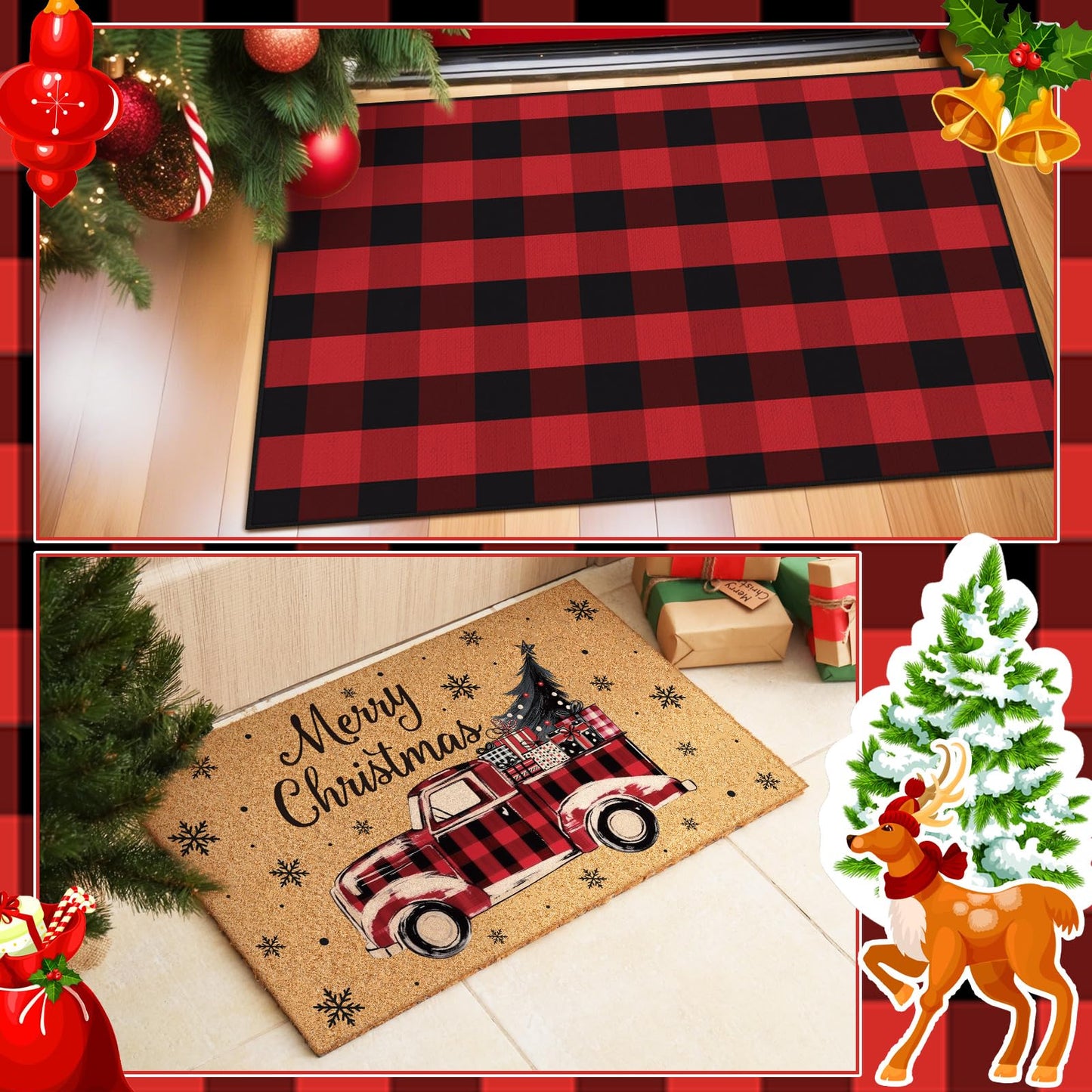 Fourluoo 2 Pcs Christmas Front Porch Rug Buffalo Plaid Christmas Door Mat Imitation Coco Coir Red Truck Xmas Welcome Layering Rug for Outdoor Winter Home Festival Holiday Decor, 28 x 43 Inch