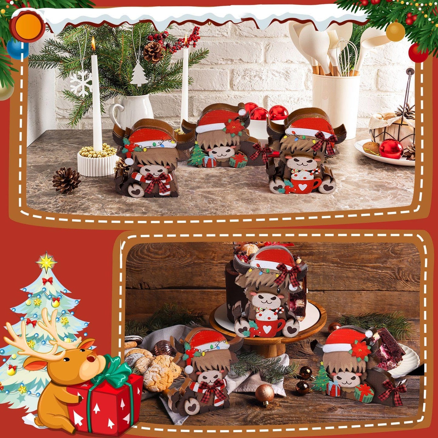 GlikCeil 3 Pcs Christmas Highland Cow Wooden Table Decorations Centerpiece Block Christmas Highland Cow Tiered Tray Tabletop Sign for Office Dining Room Mantle Party Supplies Home