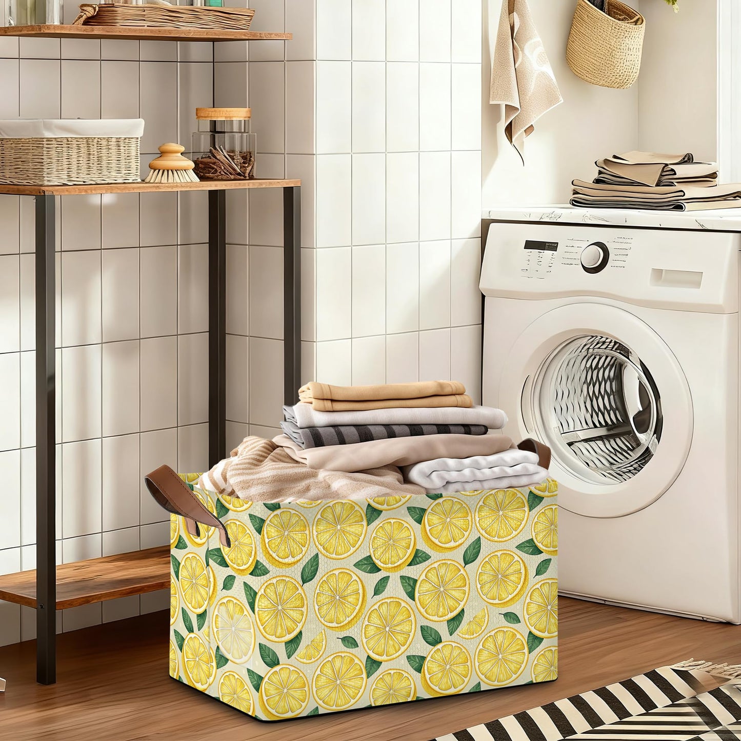 Oeaskly Lemon Fabric Storage Bins with Handles, Oxford Storage Basket for Closet Organization, Foldable Shelf Organizer for Bedroom, Nursery, Laundry, Office