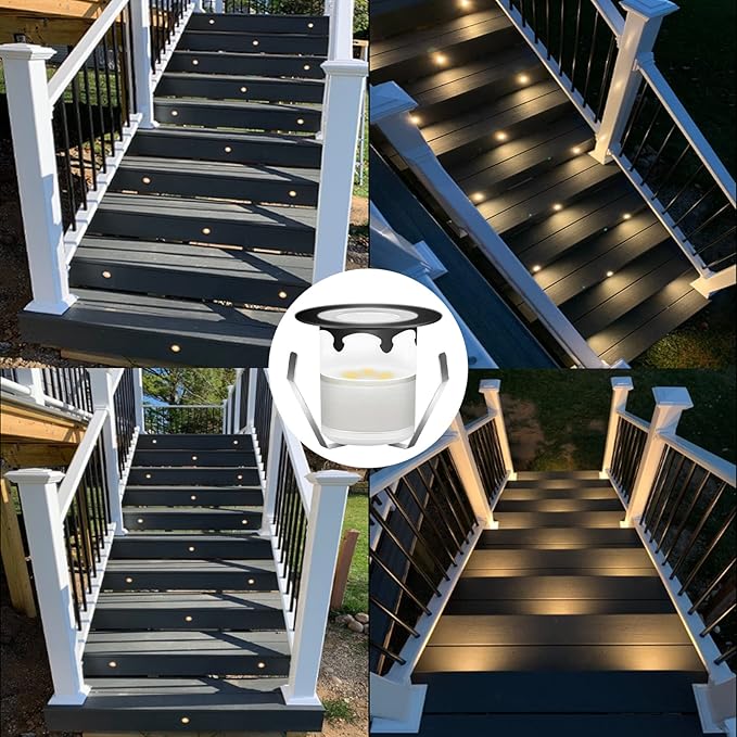 LED Outdoor Deck Lights with Photocell, Warm White Φ1.18in Low Voltage 12V DC IP67 Waterproof, Electric Wired Recessed Round Up Landscape Lighting for Outside Stair Step Riser, 8 Pack Black
