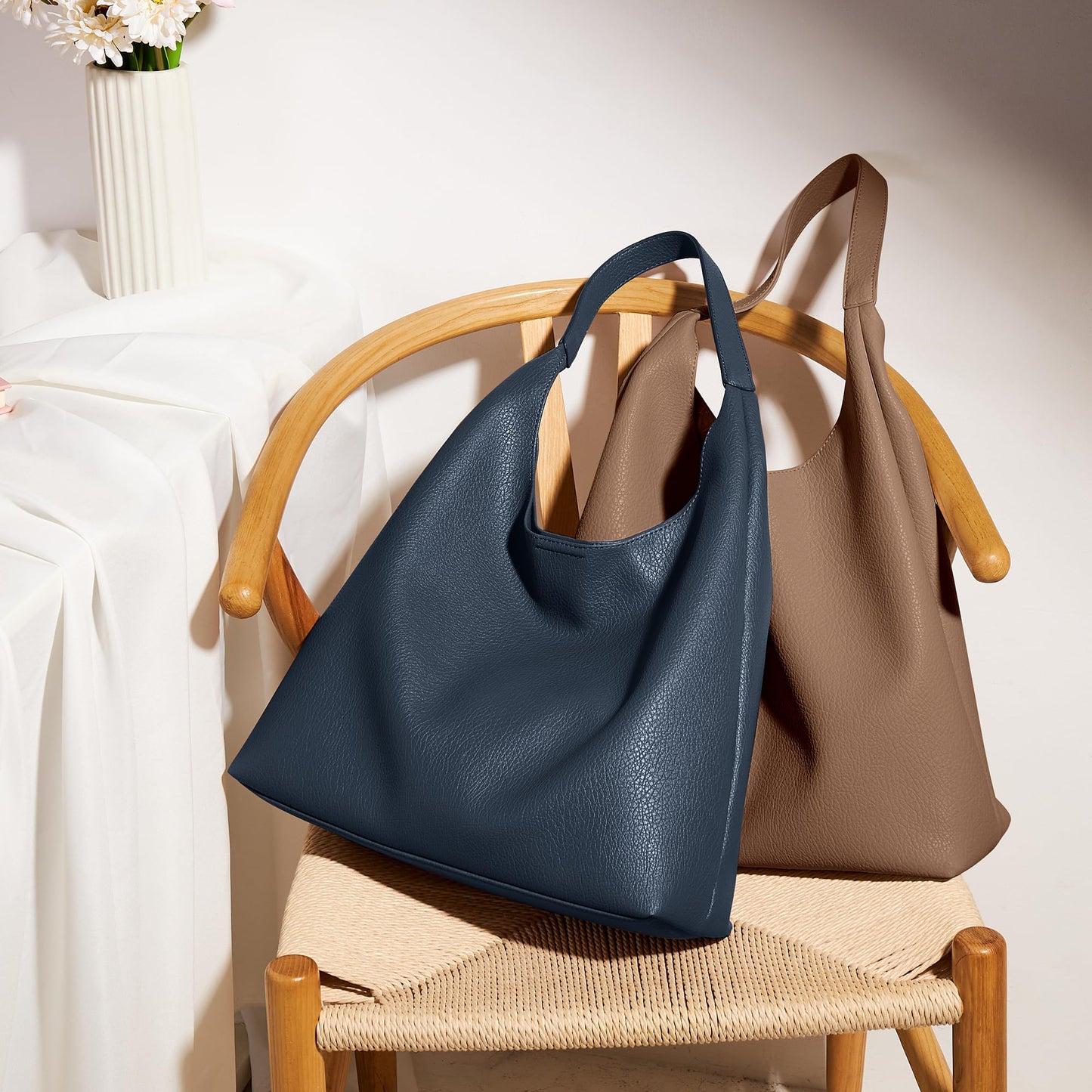 KALIDI Slouchy Hobo Bag Vegan Leather Suede Tote Bag Weekender Shoulder for Women Casual Travel Purse, Coffee