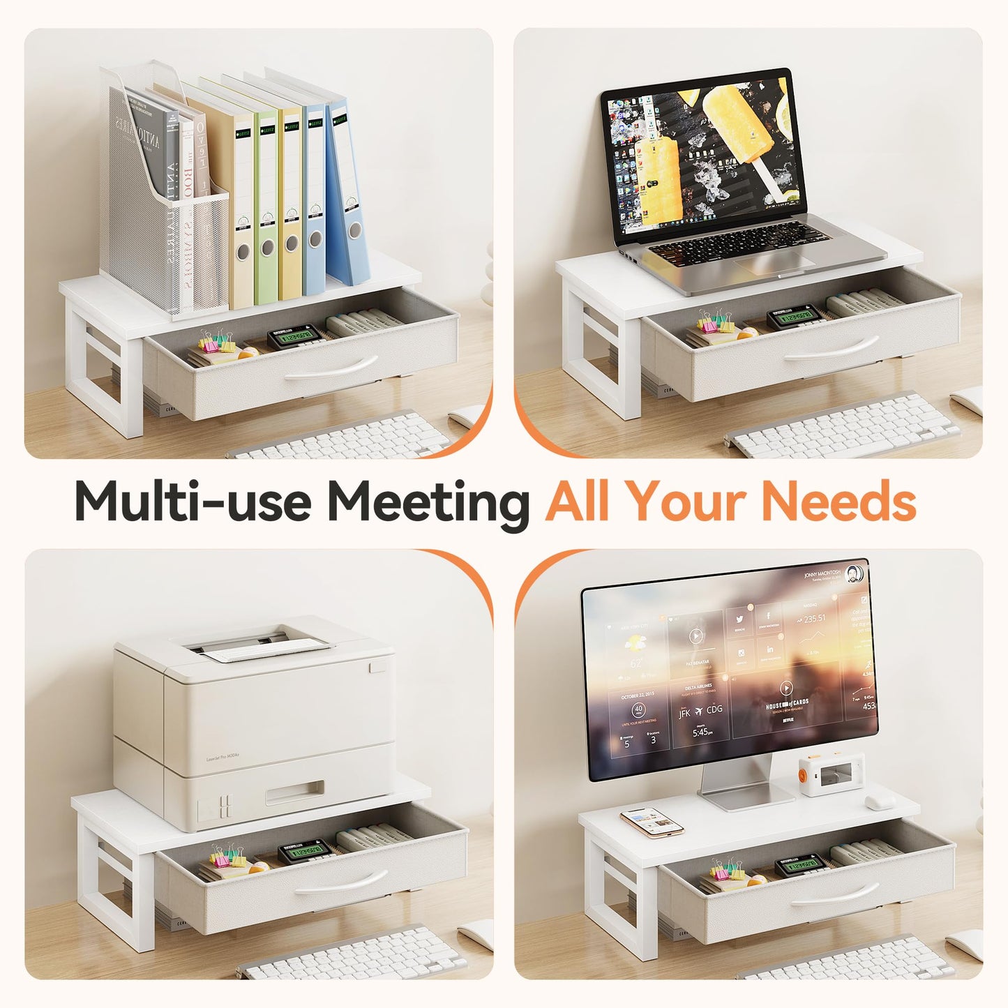 HEWORLIF Desk Organizers and Accessories, Computer Monitor Stand Riser with Drawer, White Laptop Stand for Desk with Storage, Office Organization, Wood