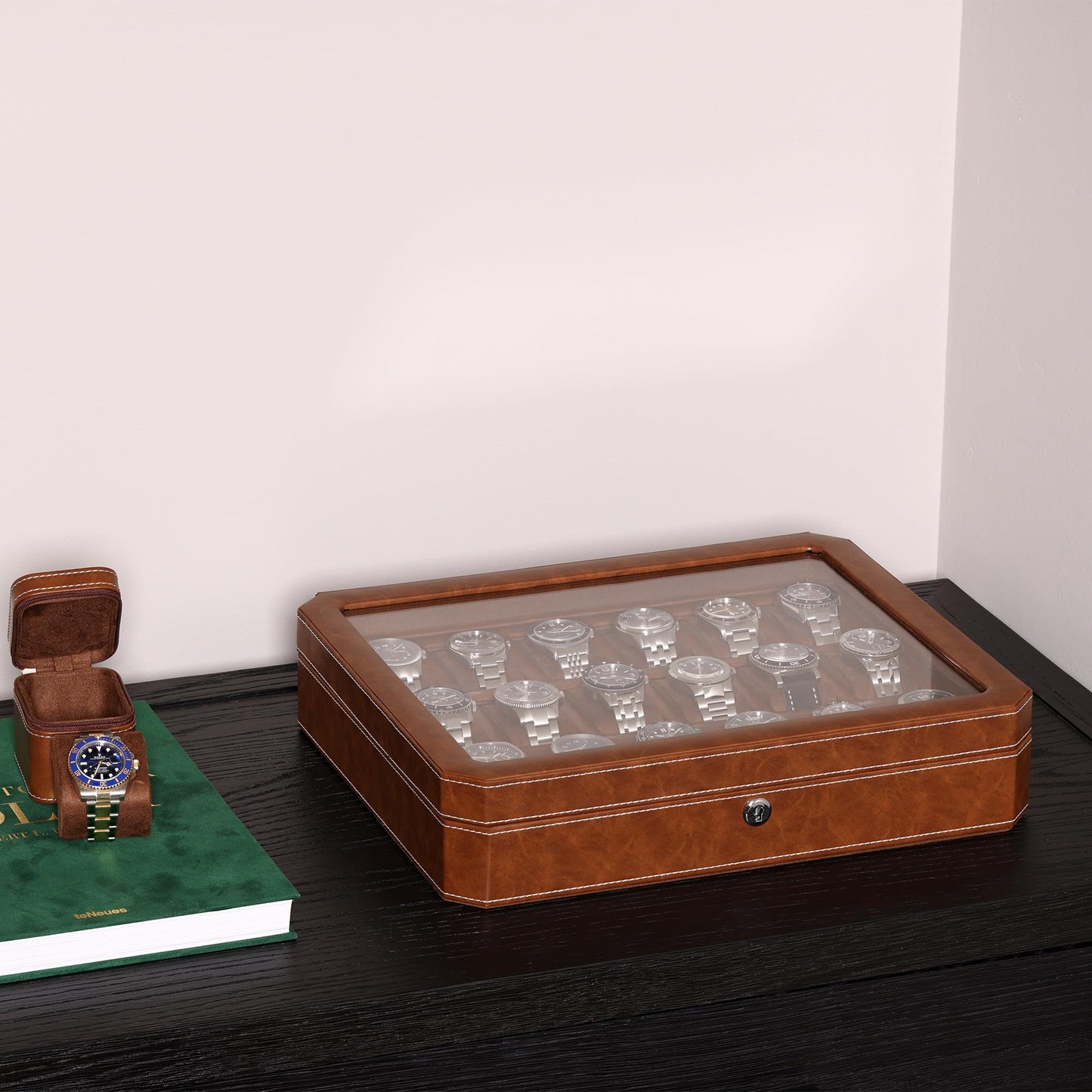 ROTHWELL 18-Slot Watch Case – Luxury Watch Box for Men, Real Glass Top, Lockable, Elegant Display for Collections (Tan/Brown)