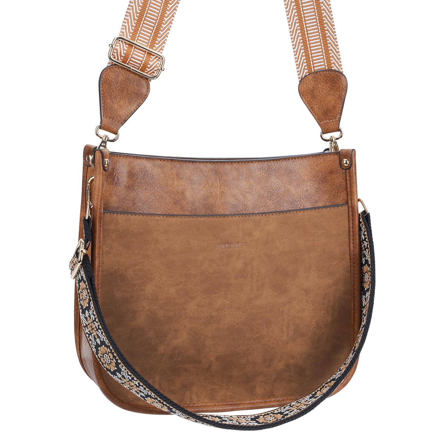 HKCLUF Crossbody Bags for Women Trendy Vegan Leather Hobo Handbags With 2PCS Adjustable Guitar Strap Crossbody Shoulder Bag Purse For Women(Stitching Brown)
