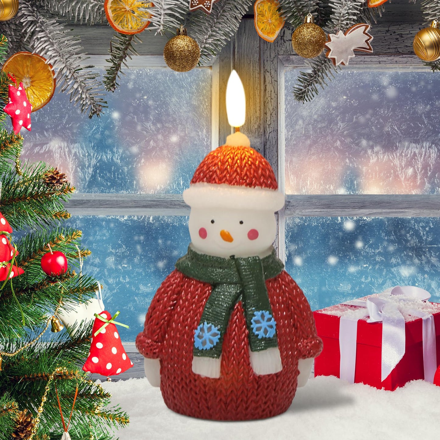 DRomance Snowman Flameless Flickering Candle Battery Operated with 6 Hour Timer Real Wax Hand-Painted LED Pillar Candle 3D Wick Indoor Christmas Holiday Decor(Sweater, 2.2" D x 5.7" H)
