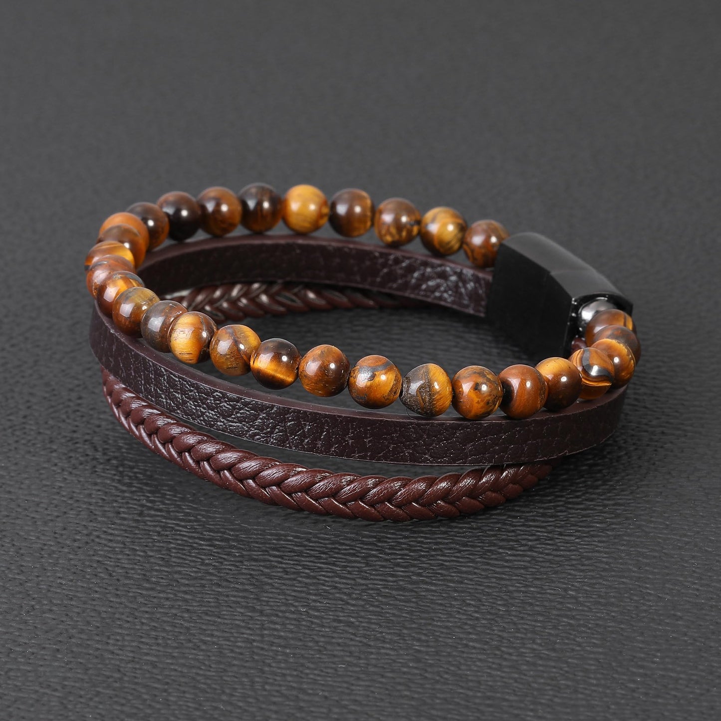 Ailetop Tiger Eye Bracelet Men - Mens Bracelets Beads Adjustable Braided Leather Bracelet for Men Brown Leather Mens Beaded Bracelets Men's Jewelry Birthday Gifts for Dad Husband Son