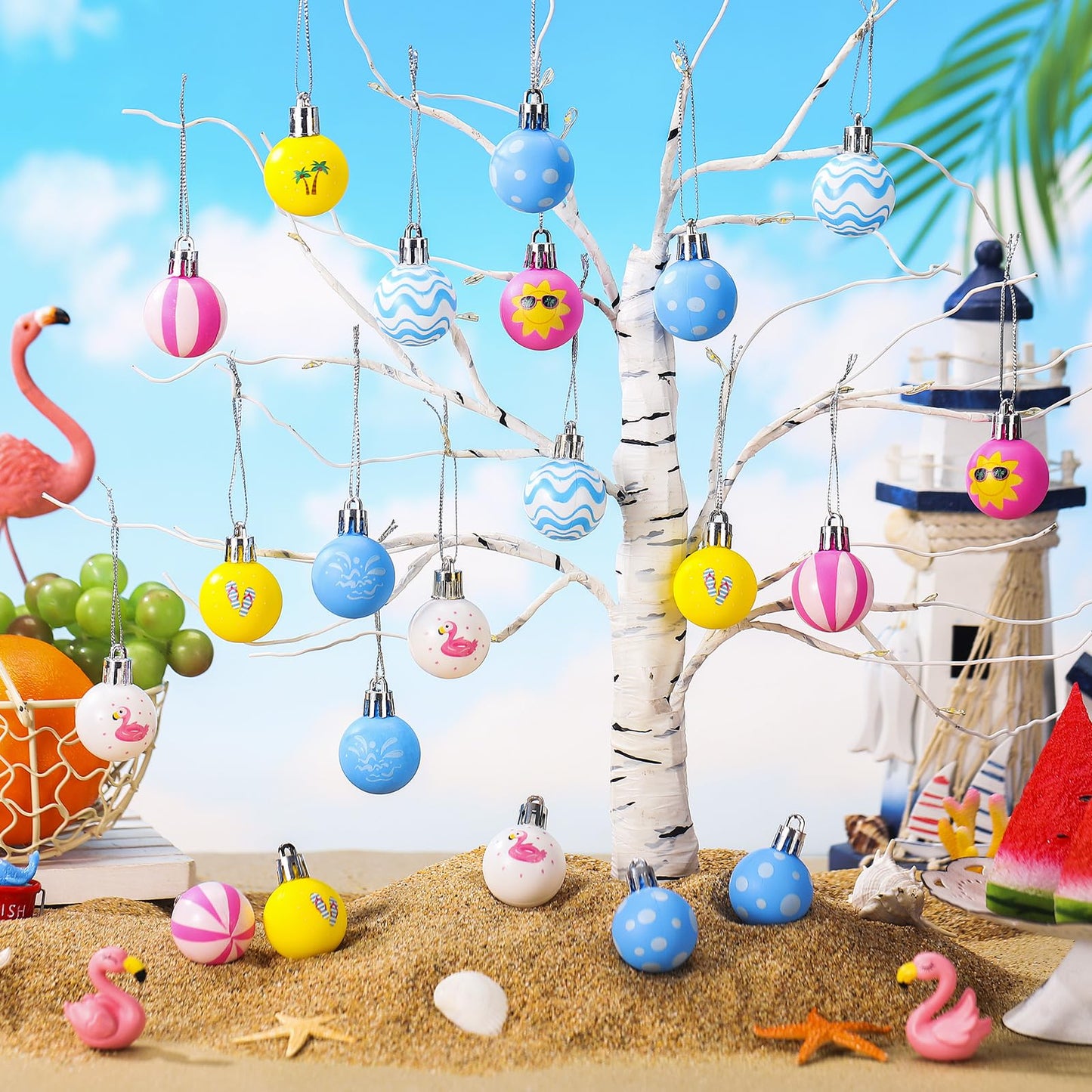 HyDren 40 Pcs Summer Tree Ornaments 1.2 Inch Mini Christmas in July Hanging Tree Decorations Coconut Dot Wave Stripe Flamingo Ornaments Tropical Party Decor for Home Luau Holiday Decorative Supplies