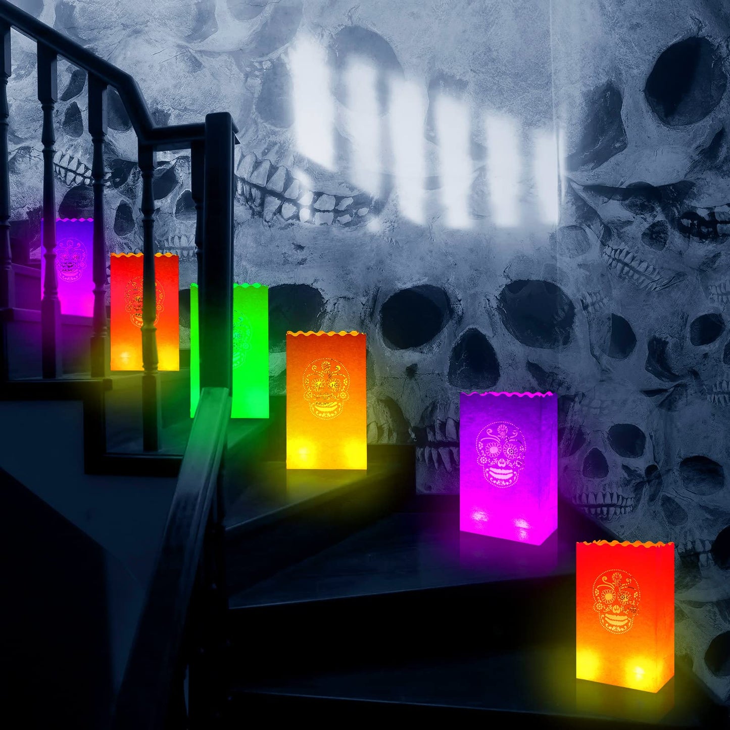 Meanplan 32 Set Day of The Dead Luminary Bags with 32 LED Tea Lights Flameless Candles, Dia De Los Muertos Luminary Mexican Christmas Paper Lantern Bags for Party Decor