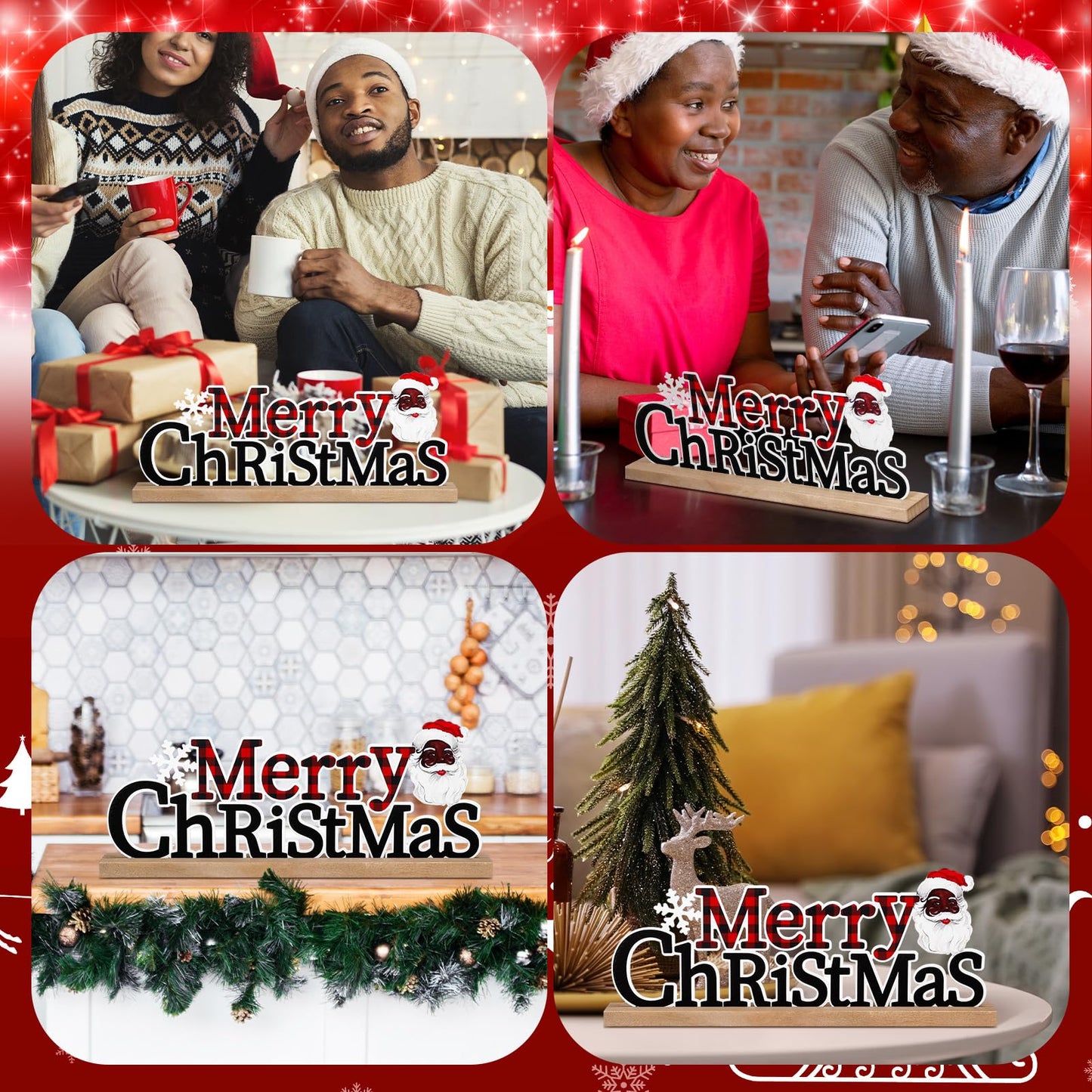 Realspring Merry Christmas Metal Sign African American Table Decor Christmas Black Santa and Red Black Buffalo Plaid Decor with Wooden Base for Tiered Tray Home Tabletop Centerpiece Mantel Fireplace