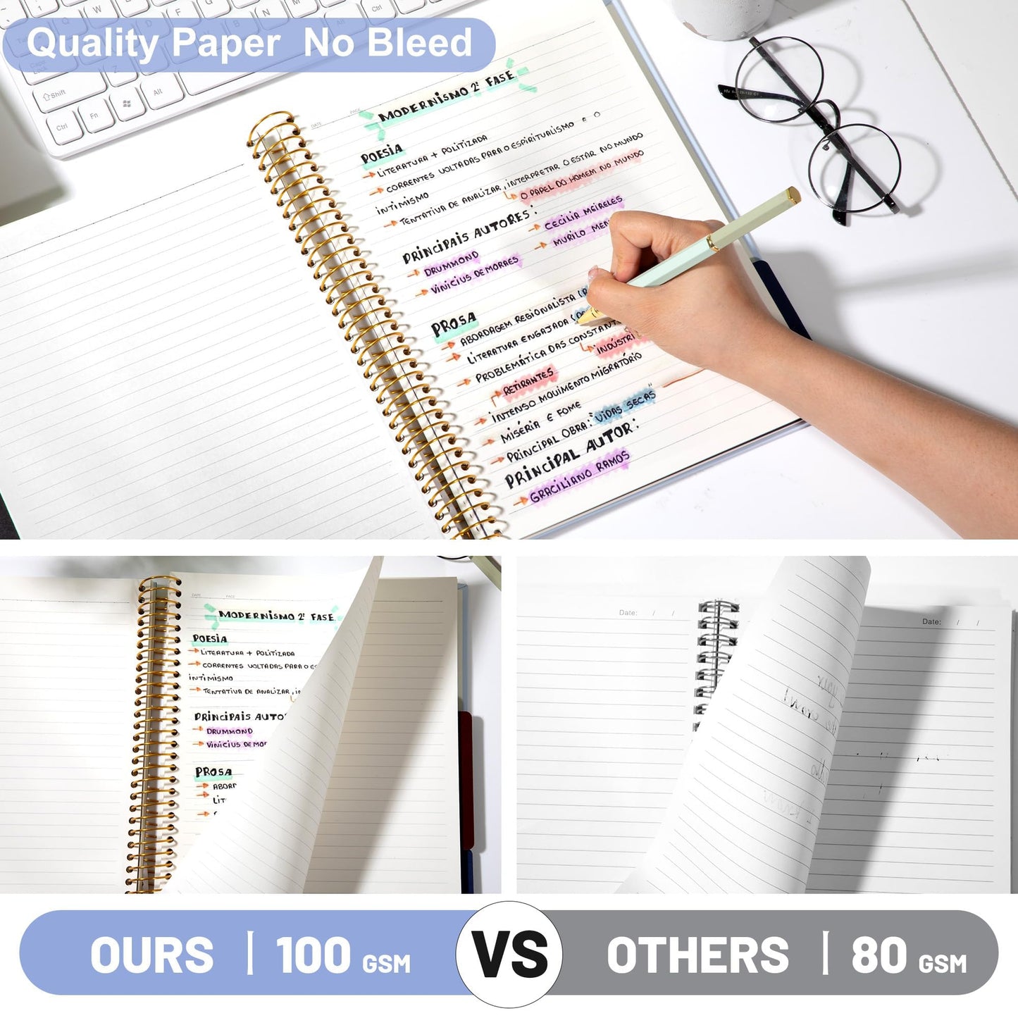 FLYING EAGLE 3 Subject Spiral Notebook Large Spiral Notebook 8.5 X 11, Blue Journal for Women Men, 100 GSM Thick Paper 104 Sheets, Hardcover Notebook for Work, School, Writing, Note Taking Blue