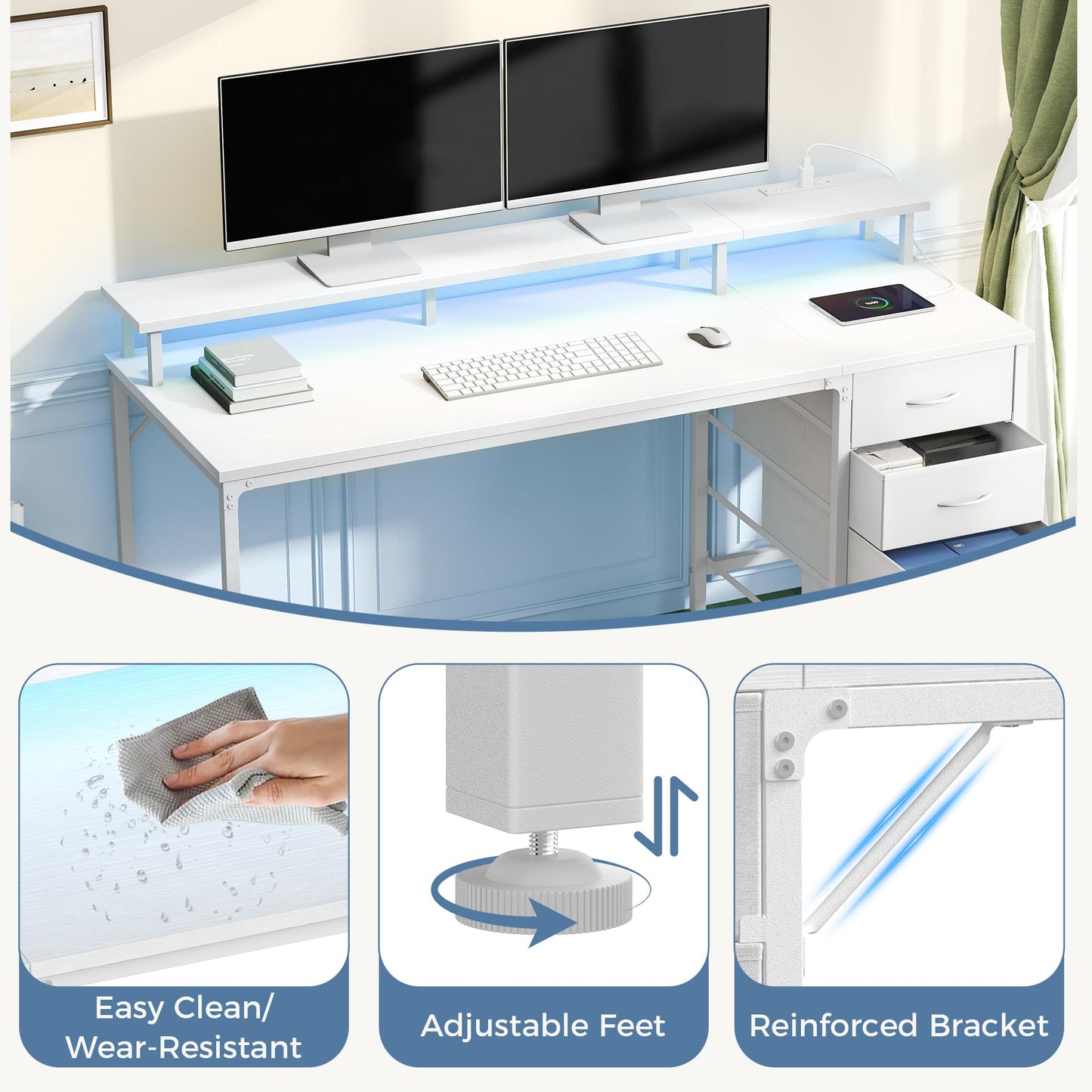 DUMOS 40 Inch Computer Desk with 4 Drawers,4 Drawer Gaming Desk with Power Outlets and LED Lights,Office Desk for Small Spaces with Monitor Shelf,Writing Desk for Home Office,Bedroom, Study,White