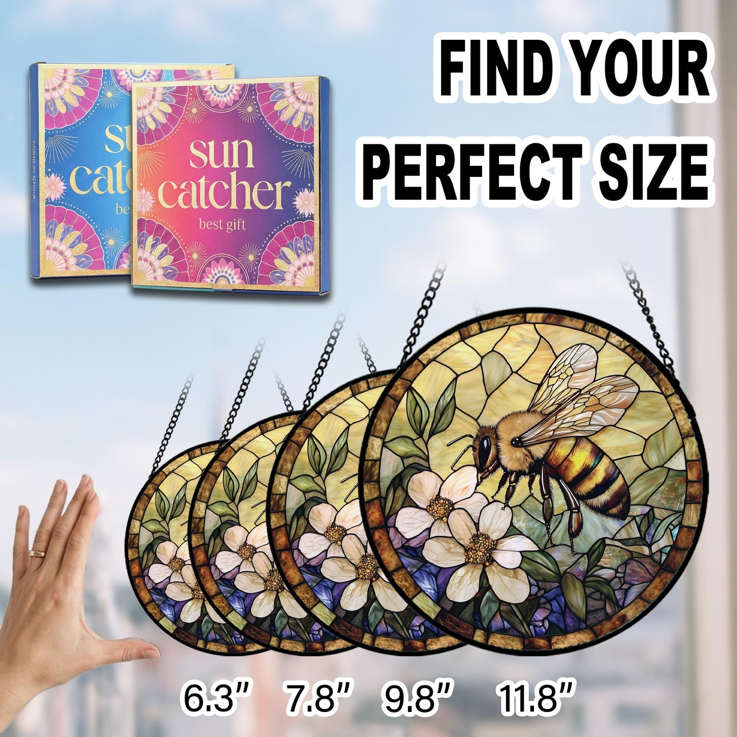 Bee Gifts for Mom - Bees Flowers Faux Stained Glass Window Hanging Sun Catcher for Door Garden Acrylic Decor Mother's Day Birthday Stocking Stuffer Gift for Women Nana Friend Men Grandma 7.8"