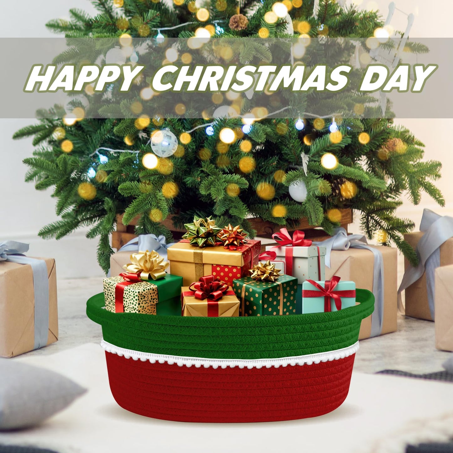 Christmas Red & Green Gift Basket Empty with Wrap Bag & Ribbon & Card, Empty Small Woven Storage Basket (12"x8"x5"), Cute Decorative Gift Baskets Storage for Christmas Baby Showers Easter (Green-Red)