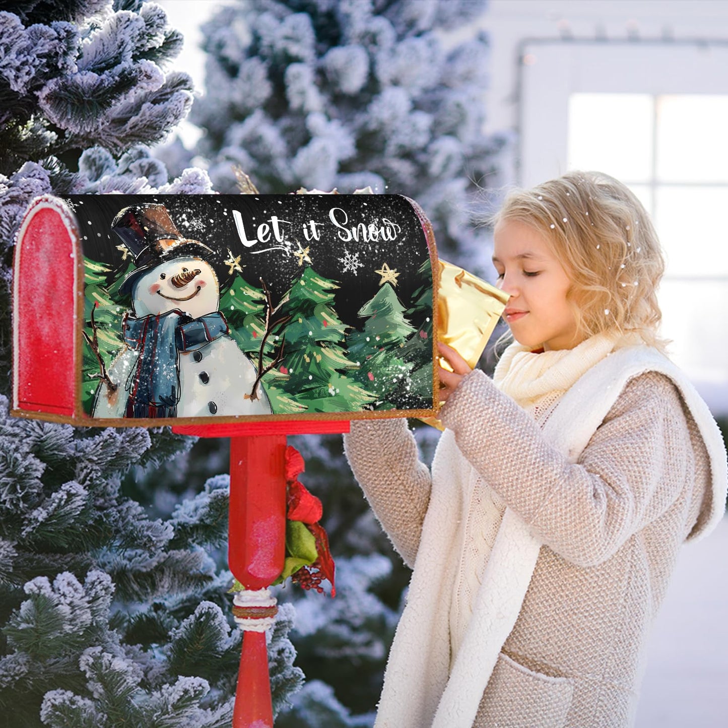 Kawani Winter Snowman Mailbox Covers Magnetic Pine Tree and Snow Outdoor Mailbox Cover Standard Size 18 X 21 Snowflakes Christmas Holiday Mailbox Wrap Post Letter Box Cover Decorative for Home Garden