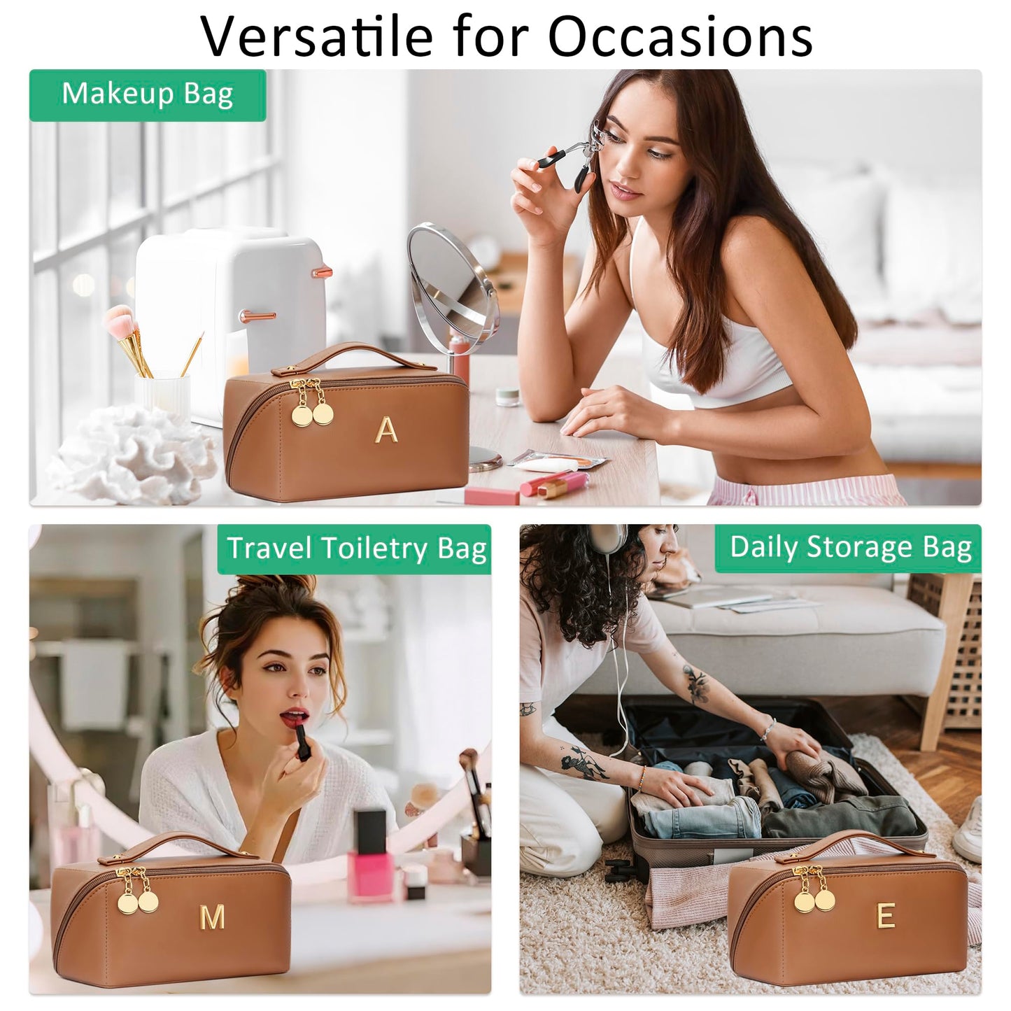 CLOUDWINGS Initial Makeup Bag Gifts for Women Bridesmaid Gifts Travel Toiletry Personalized PU Leather Waterproof Cosmetic Bag (Large-Brown-J)