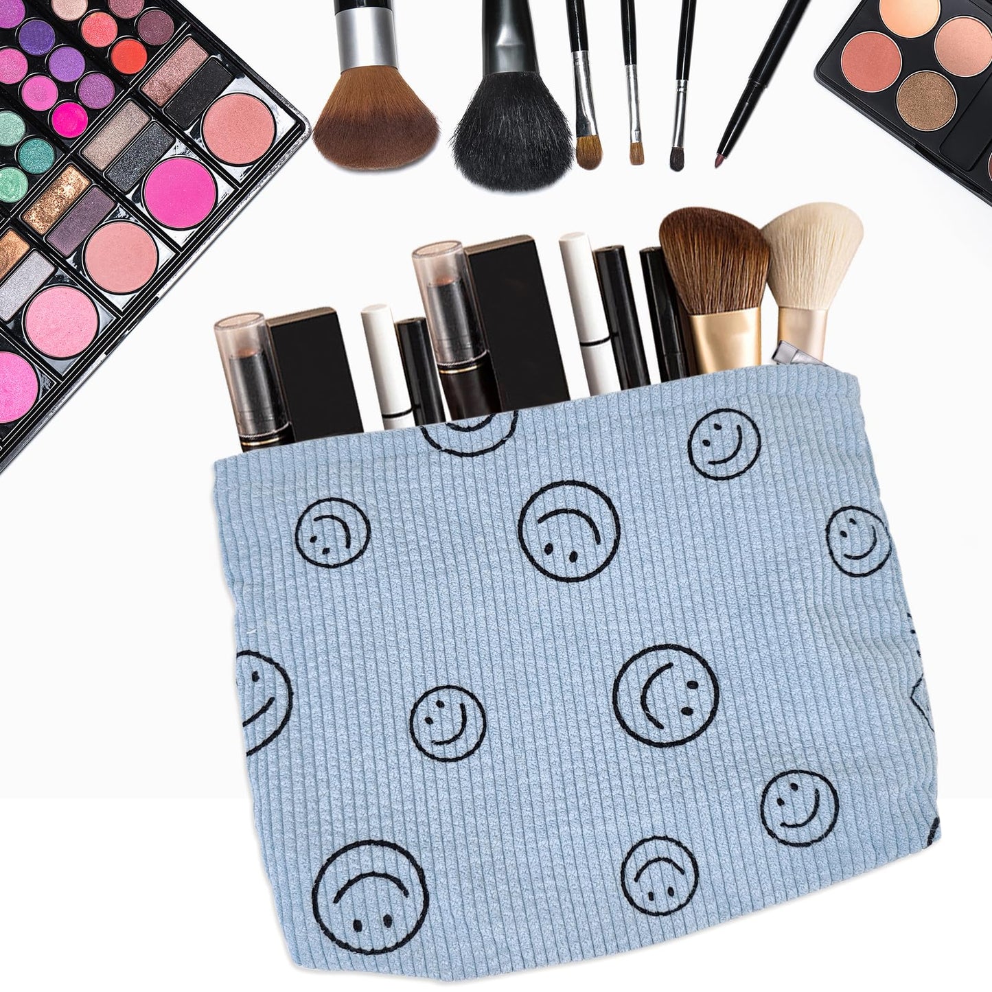 HFZRZFH Smiley Face Makeup Bag - Cute Blue Corduroy Small Toiletry Bags for Women, Soft Mini Skincare Organizer, Small Zipper Pouch For Travel Use
