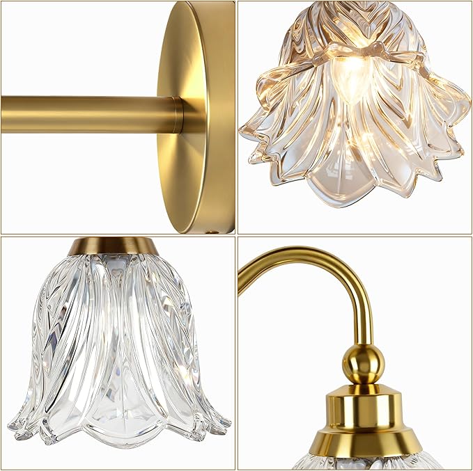 3-Lights Bathroom Vanity Light Gold Vintage Light Fixtures Floral Flower Matte Antique Brass Crystal Glass Shade, Wall Sconces Lighting for Living Room, Bedroom, Hallway(E12 Base)