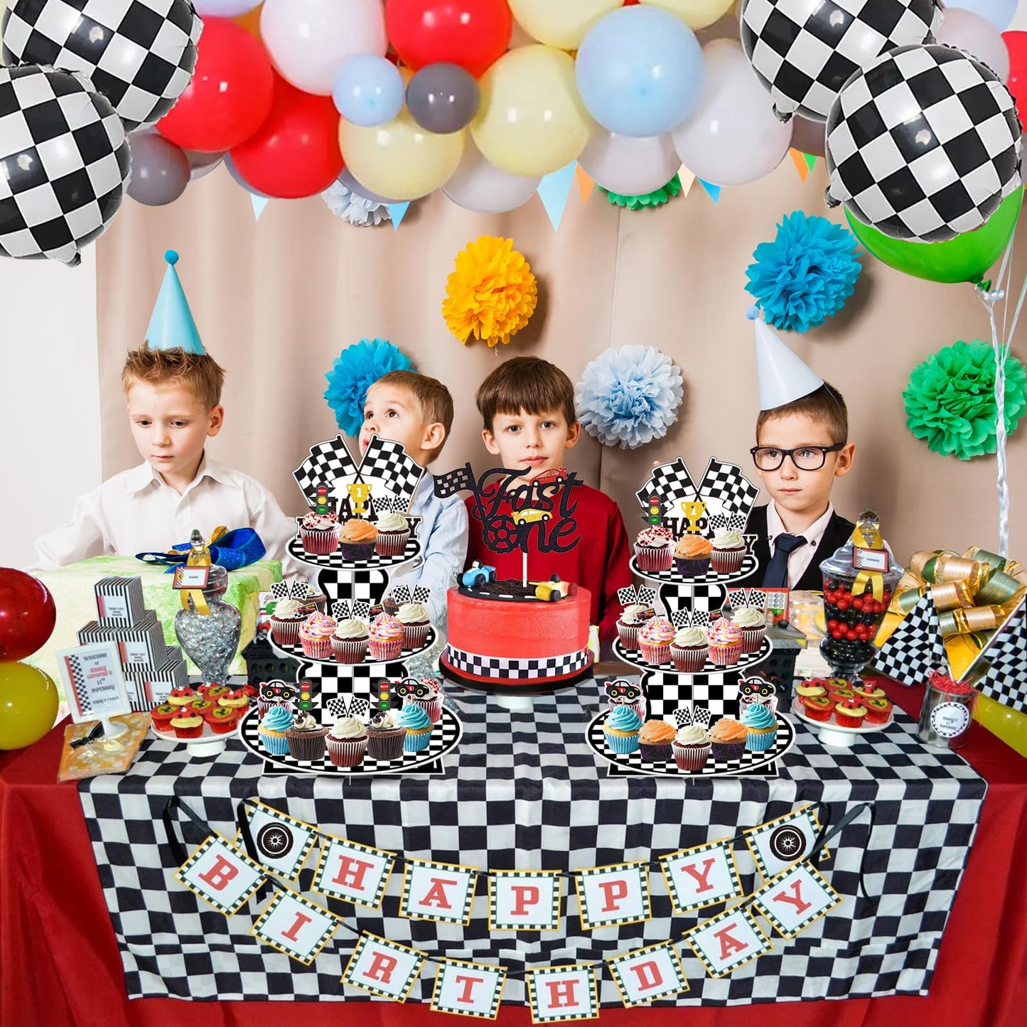 BACUTHY 2 Pack Race Car Cupcake Stands Birthday Party Supplies, Two Fast Cars Decorations Truck Theme Favors - 3 Tier Cardboard Cup Cake Holder Tower