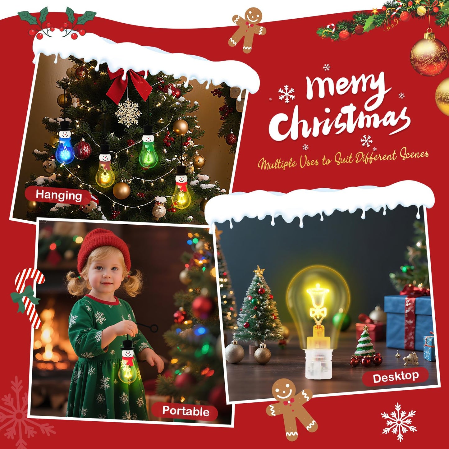 Christmas Bulb Light Hanging Christmas Night Light Edison Style Bulb USB Powered 8Hrs Play Fun Decorative for Indoor Outdoor Home Party Holiday Gift(Blue+Green+Red+Coffee Brown)