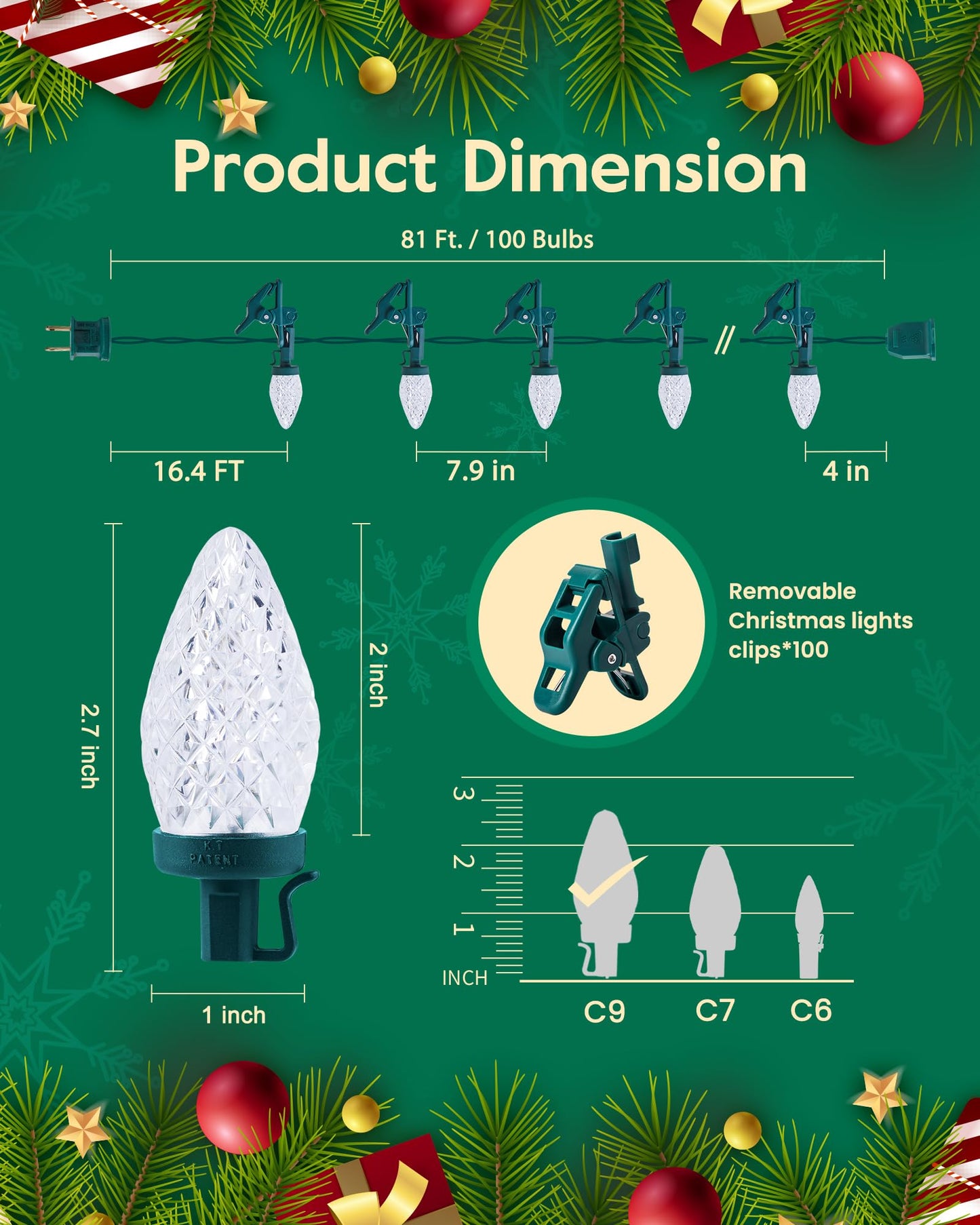 C9 LED Christmas Lights Outdoor with 100 Spring Clips, 65FT 100 LED C9 String Lights Waterproof Connectable for Roofline Patio House Yard Windows Xmas Tree Indoor Outdoor Christmas Decorations, White