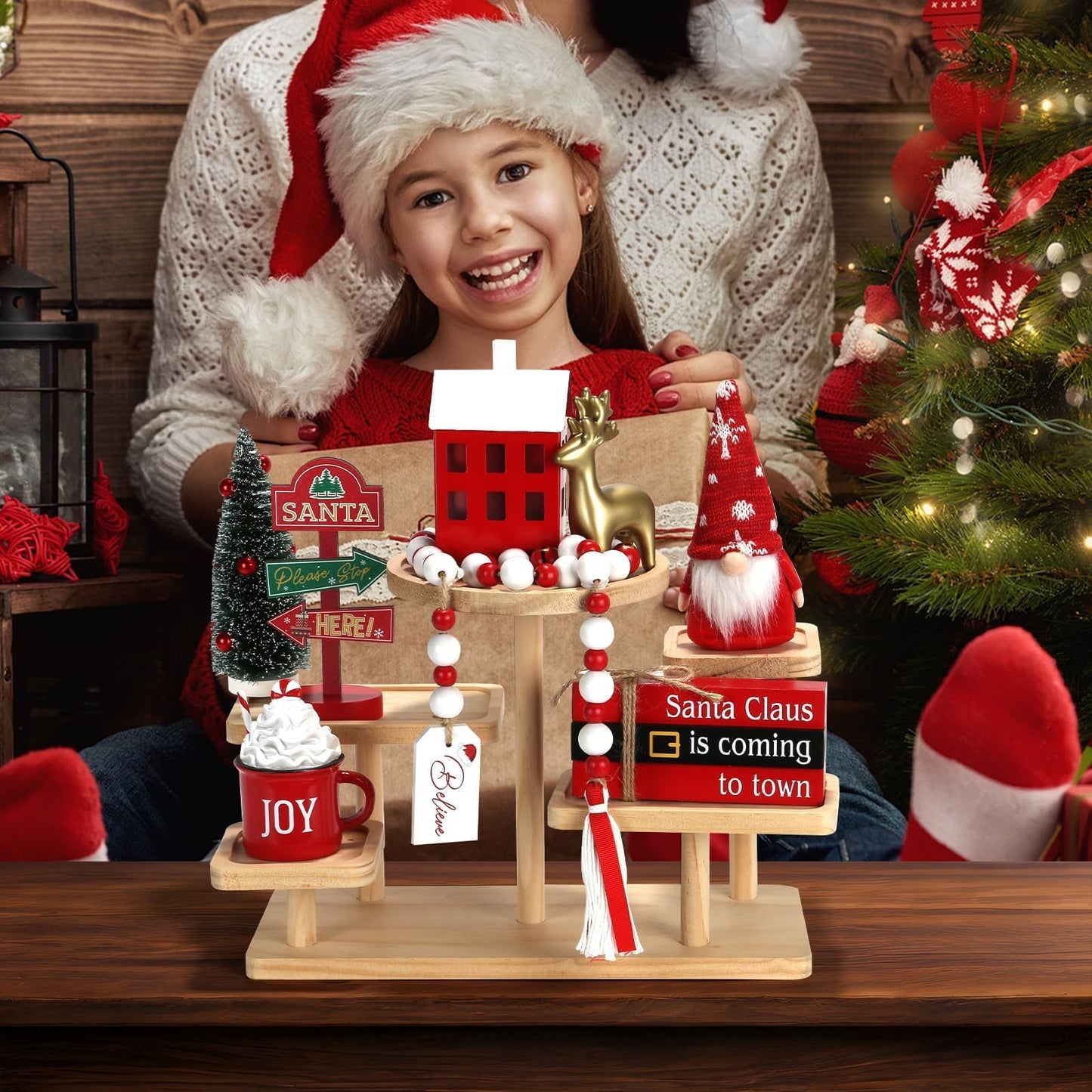 Christmas Decorations 8 PCS Tiered Tray Decor Set, Cute Tabletop Christmas Decor for Home Shelf Mantel Coffee Bar Office Xmas Table Centerpieces Tray Objects Holiday Decoration Set