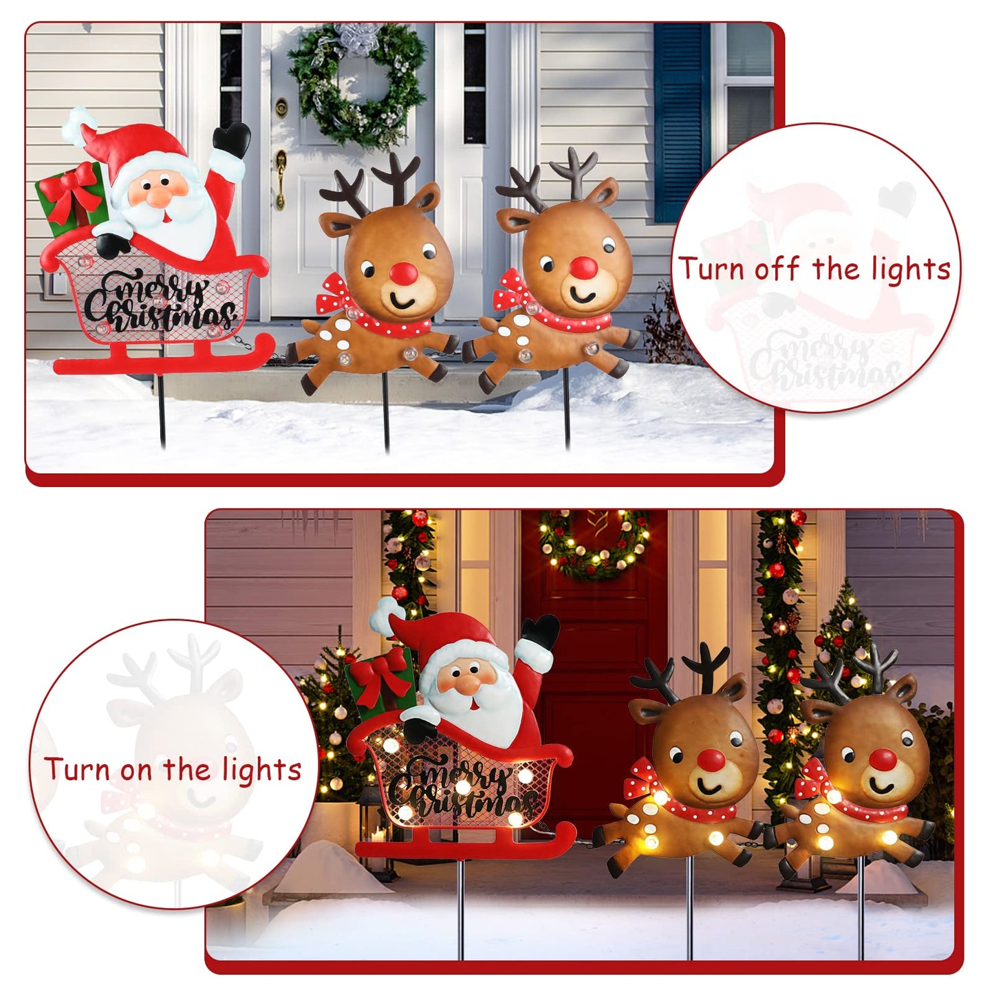 3 Pieces Christmas Decorations Outdoor Yard Sign with LED Lights Sled Lawn Sign Santa Reindeer Yard Sign with 3 Yard Stakes for Outdoor Christmas Decoration