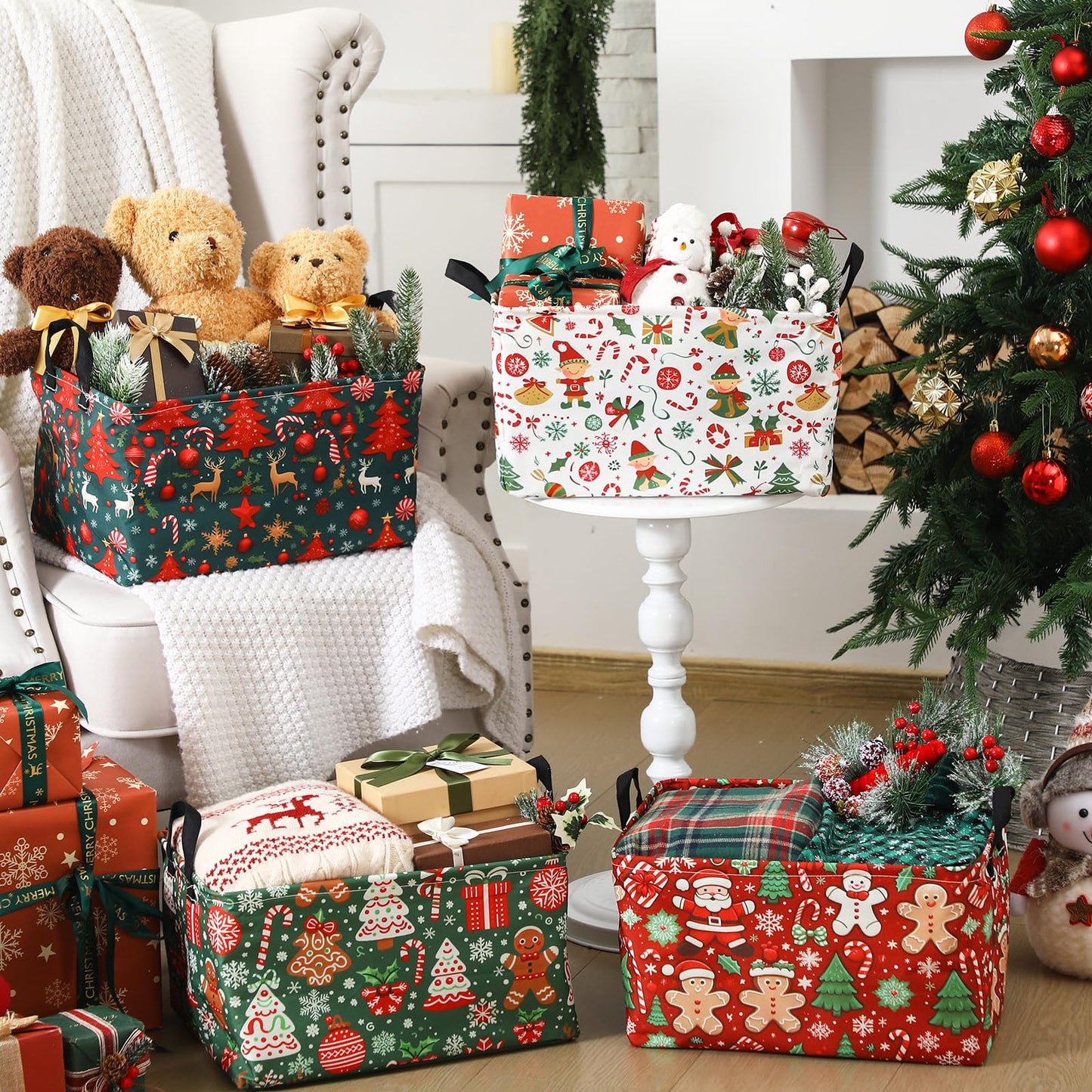 Bulyoou 4pcs Christmas Storage Basket Fabric Laundry Baskets with Handle Xmas Foldable Organizer Boxes for Office Home Baby Cloth Toy Book 15 x 10 x 8(Retro)