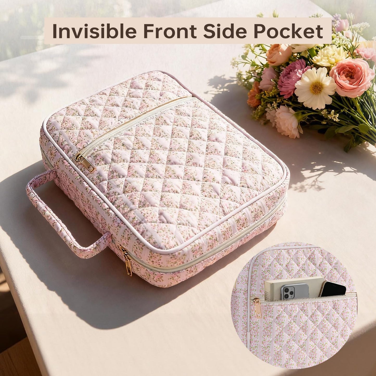 PPeen Bible Cover Case for Women Large Bible Cover Bag Quilted Bible Carrying Case for Girls Bible Study Supplies Accessories Christian Gifts for Women (Pink Floral, Large)