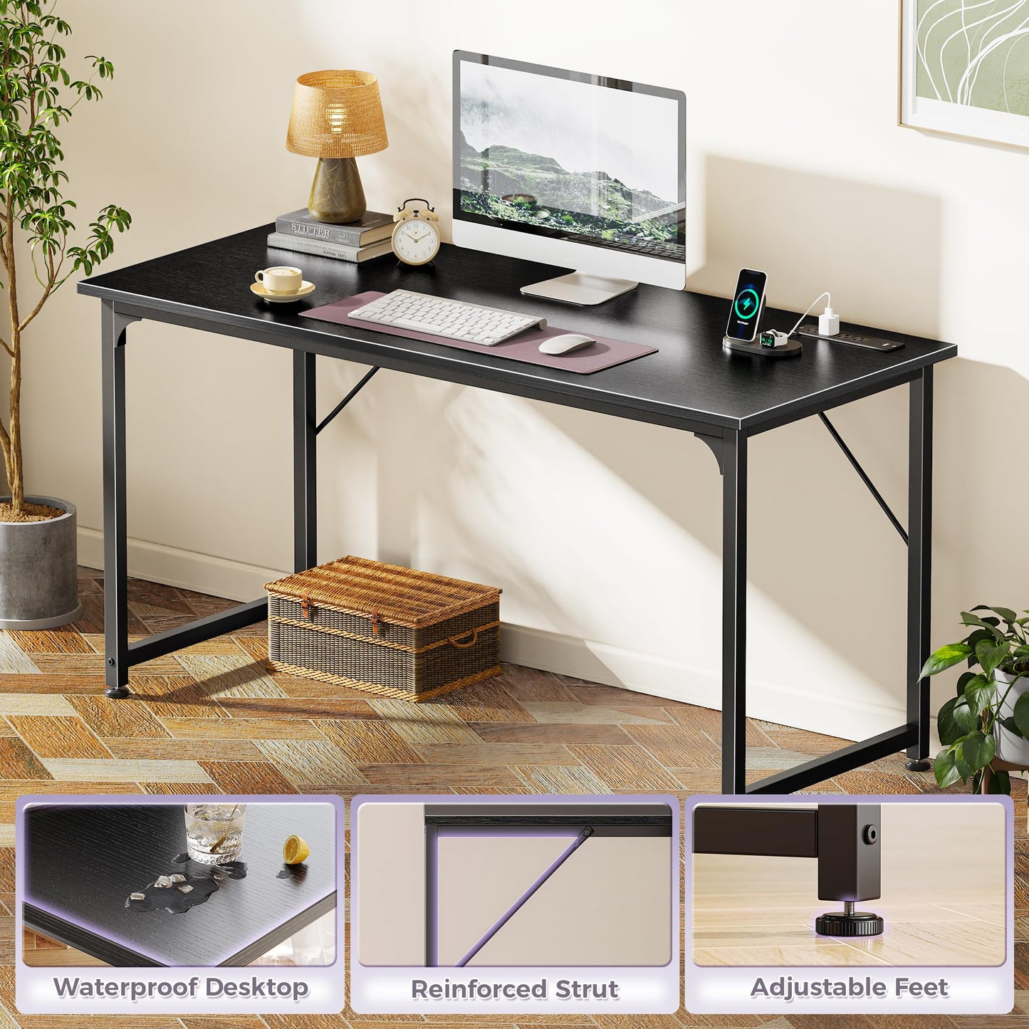PRAISUN 55 X 20 Inch Office Computer Desk with Power Outlets and USB-C Port, Larger and Longer Gaming Desk, for Home Office, Study, Bedroom, Writing Work from Home Table, Metal Frame, Black