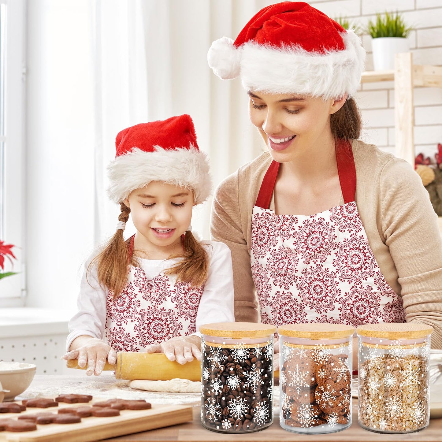 JarThenaAMCS 3Pcs Christmas Glass Storage Jars White Winter Snowflake Clear Canisters Set with Airtight Lid Cookie Candy Storage for Xmas Party Home Kitchen Countertop Decor