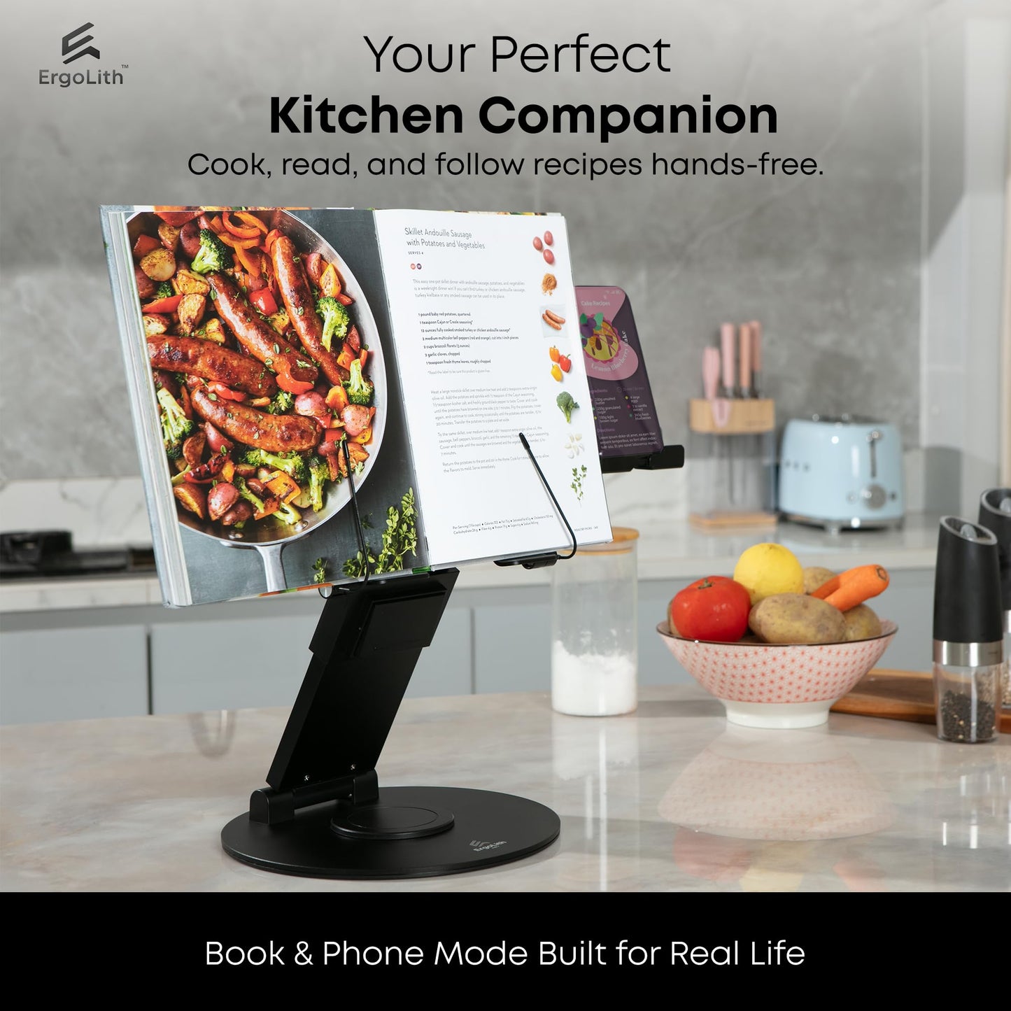ErgoLith 3-in-1 Adjustable Laptop Stand, Book Stand, and Phone Holder - 360° Rotating Display for All Laptops - 2–21" Height for Ergonomics - Office Desk Accessories - Stylish - Patented - Sky Black