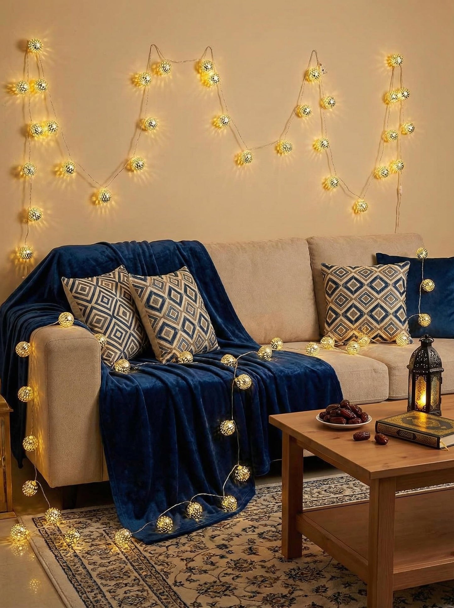 8.5Ft LED Moroccan Style String Lights Plug in, Outdoor Ramadan Decorations String Lights with 10 Silver Metal Ball Lights, Hanging Warm White Globe Fairy Lights for Ramadan Day Wedding Party Home