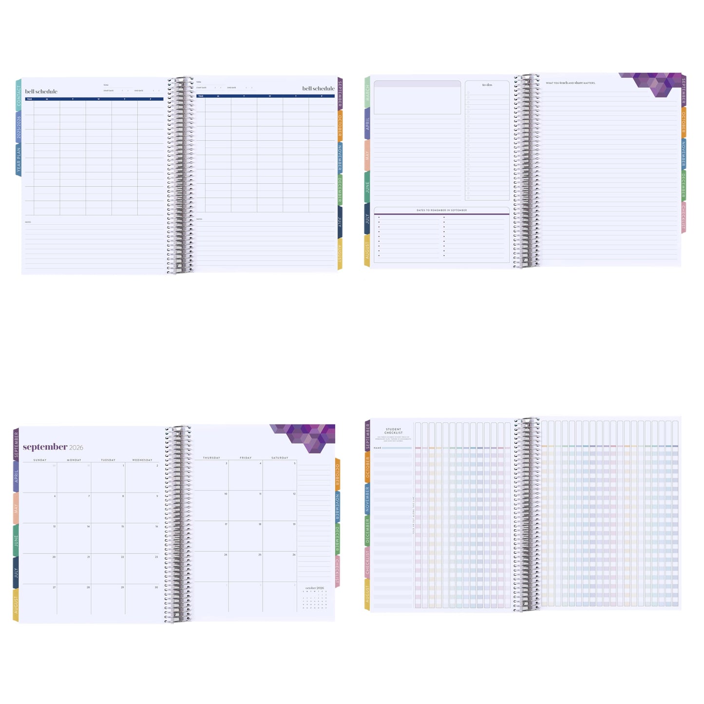 8.5x11 Coiled Teacher Lesson Planner (January 2026 - December 2026) - Apple Dapple classic cover, horizontal layout, Hexagon theme, platinum coil