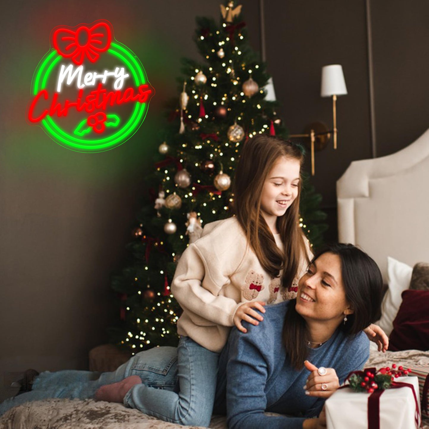 AEHEMNGZ Merry Christmas Neon Sign Elegant Led Bow Sign Neon Light for Wall Decor Christmas Dining Room Modern Home Decor(13.39 * 12.6 In)