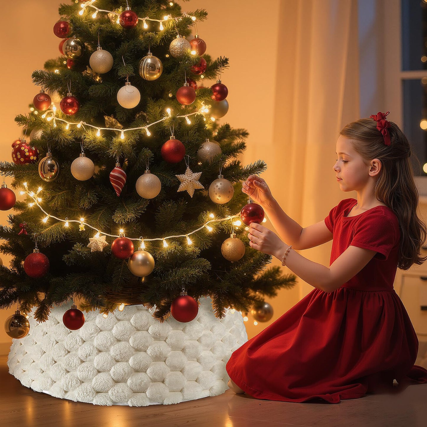 Christmas Tree Collar, Rustic White Luxury Plush Faux Fur Tree Collar with Stripe Textured Pattern, Soft Fluffy Xmas Tree Ring & Boho Tree Skirt for Indoor Home Holiday Decorations