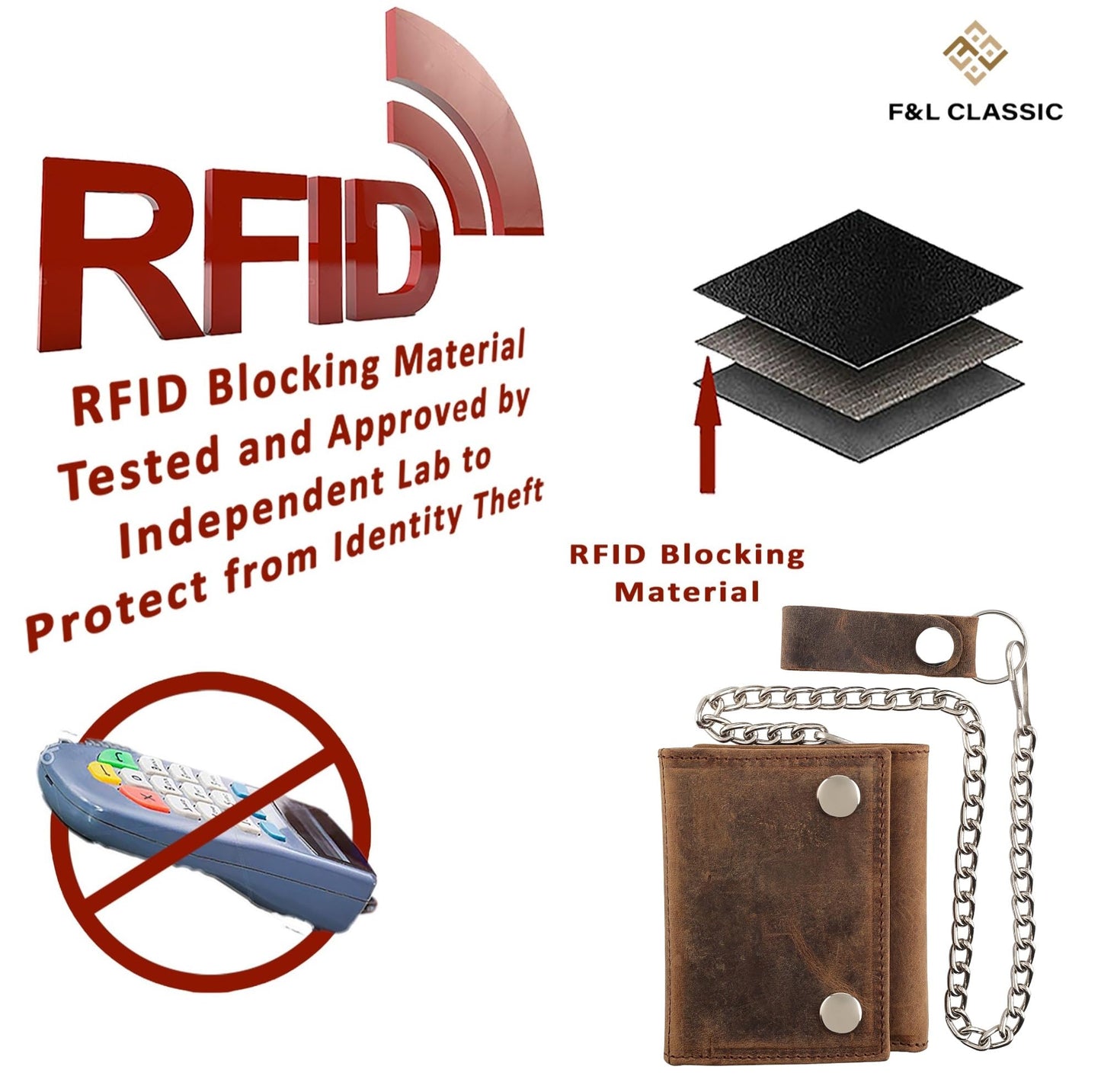 F&L CLASSIC RFID Blocking Men's Tri-fold Vintage Biker Cowhide Leather Steel Chain Wallet,Snap closure, USA,Vintage buffalo brown,315